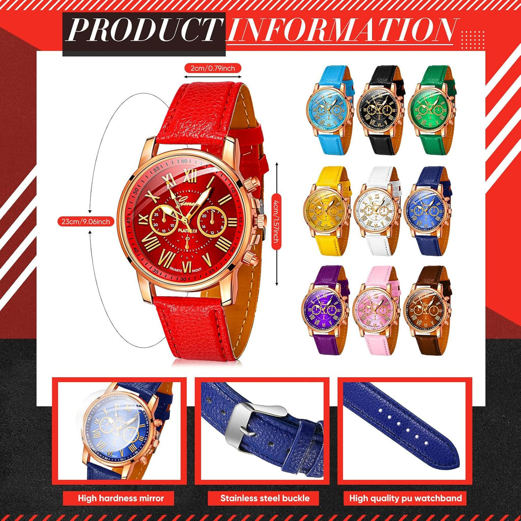 Yinkin 10 Pcs Assorted Platinum Watch Unisex Quartz Watch Sets for Women Men Ladies Watches Roman Numerals PU Leather Women's Wrist Watches