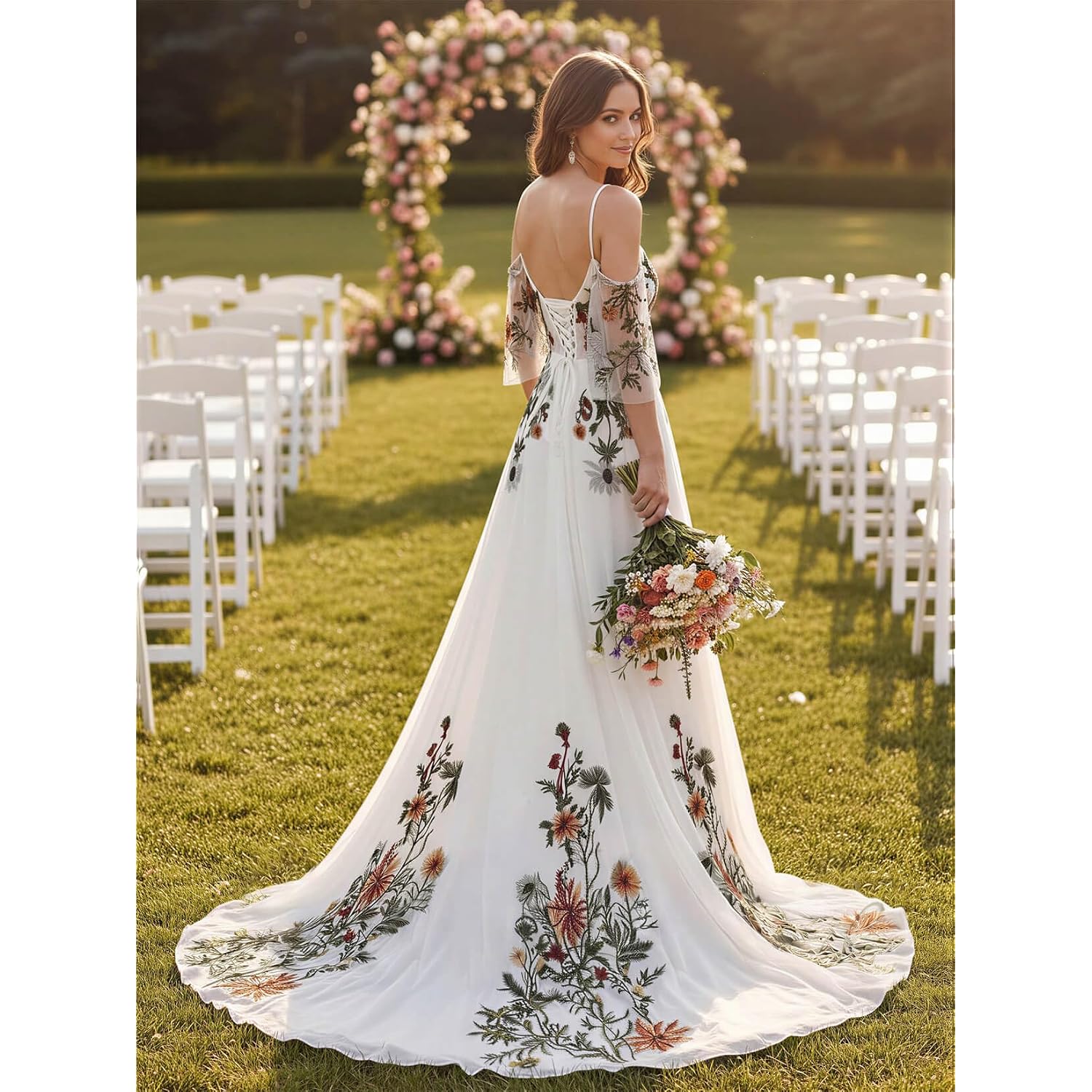 Floral Embroidered Wedding Dress For Bride Long Off Shoulder V Neck Chiffon Evening Bridal Gown