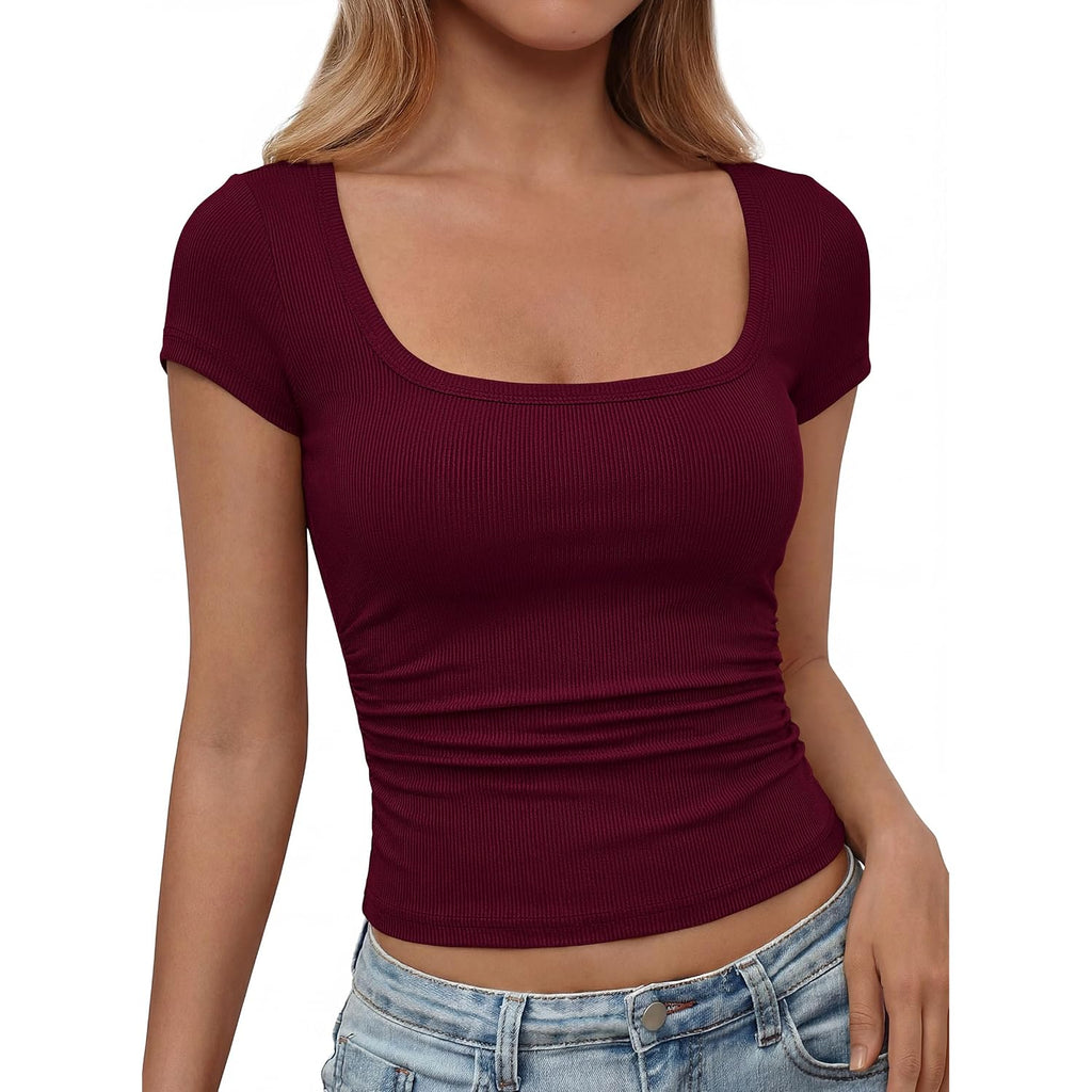 PRETTYGARDEN Womens Cap Sleeve T Shirts 2026 Square Neck Basic Tees Slim Fit Ribbed Knit Spring Going Out Tops Summer Clothes
