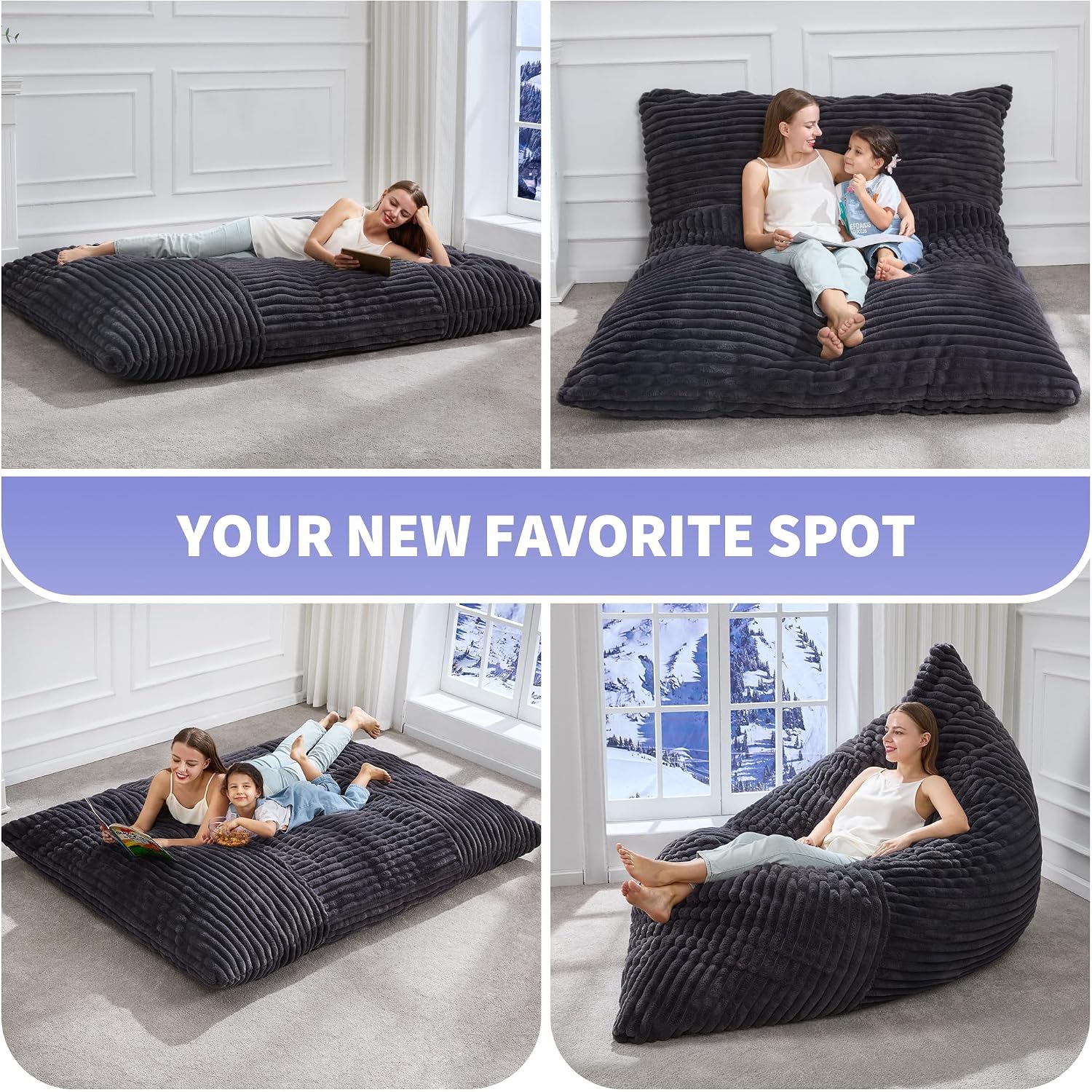 Hobestluk 3 In 1 Bean Bag Chair Giant Bean Bag Chairs Convertible Bean Bag Floor Cushion With Machine Washable Cover, Beanbag Chairs For Adult (Dark Grey)
