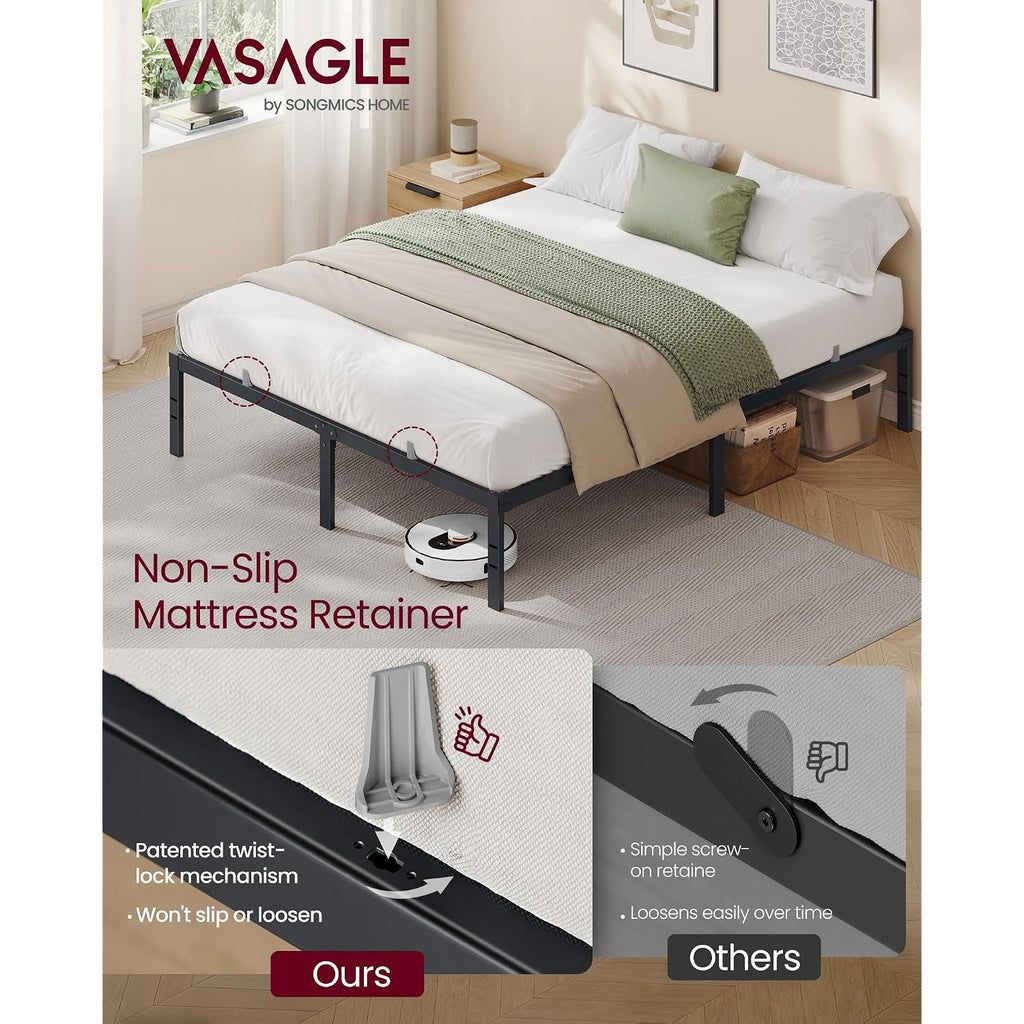 Vasagle Queen Metal Bed Frame 14 Inches Tall, 1100 Lb Weight Capacity, No Box Spring Needed, With Under-Bed Storage, Easy Setup, Heavy-Duty Platform Bed, Mattress Retainers, Matte Black Urmb651Bd02S