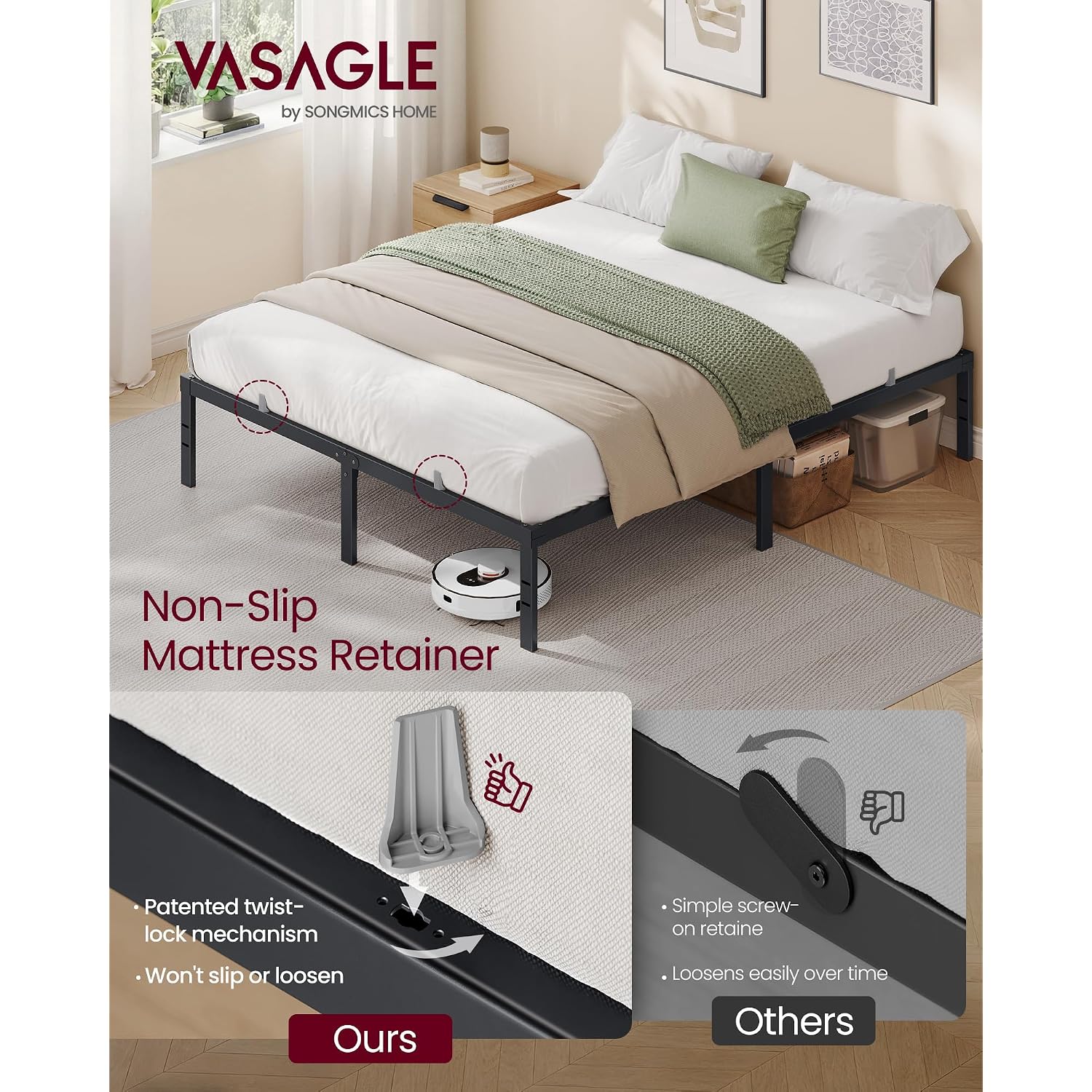 Vasagle Queen Metal Bed Frame 14 Inches Tall, 1100 Lb Weight Capacity, No Box Spring Needed, With Under-Bed Storage, Easy Setup, Heavy-Duty Platform Bed, Mattress Retainers, Matte Black Urmb651Bd02S