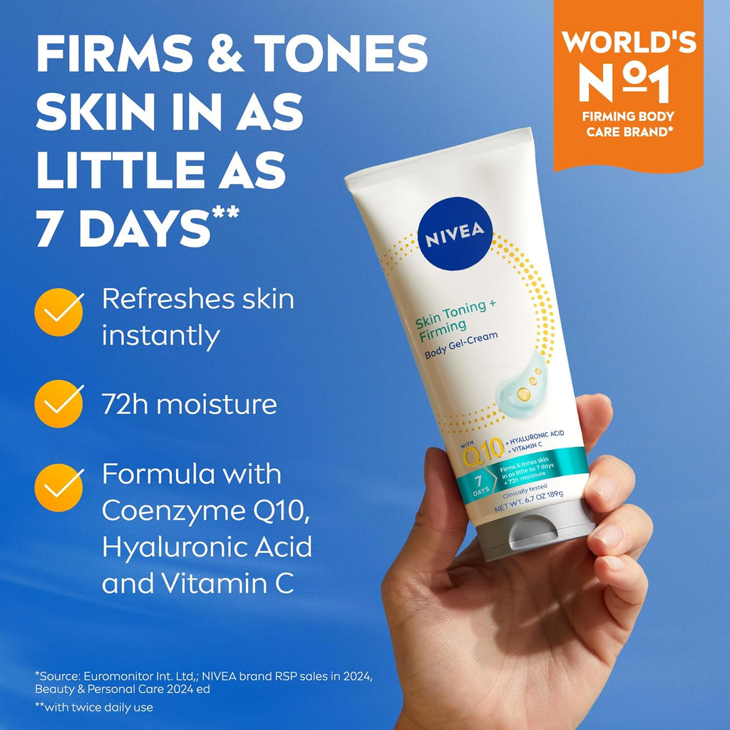 Nivea Nourishing Hydration Skin Firming Body Lotion (16.9 Fl Oz) + Skin Firming & Toning Body Gel Cream With Hyaluronic Acid (6.7 Oz), Enriched With Q10 And Vitamin C
