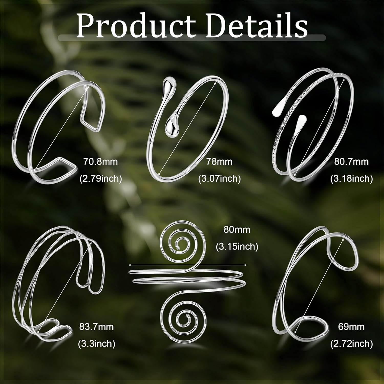 6Pcs Boho Coil Arm Cuff Bangle Set - Adjustable Minimalist Open Arm Cuff Armlet Armband