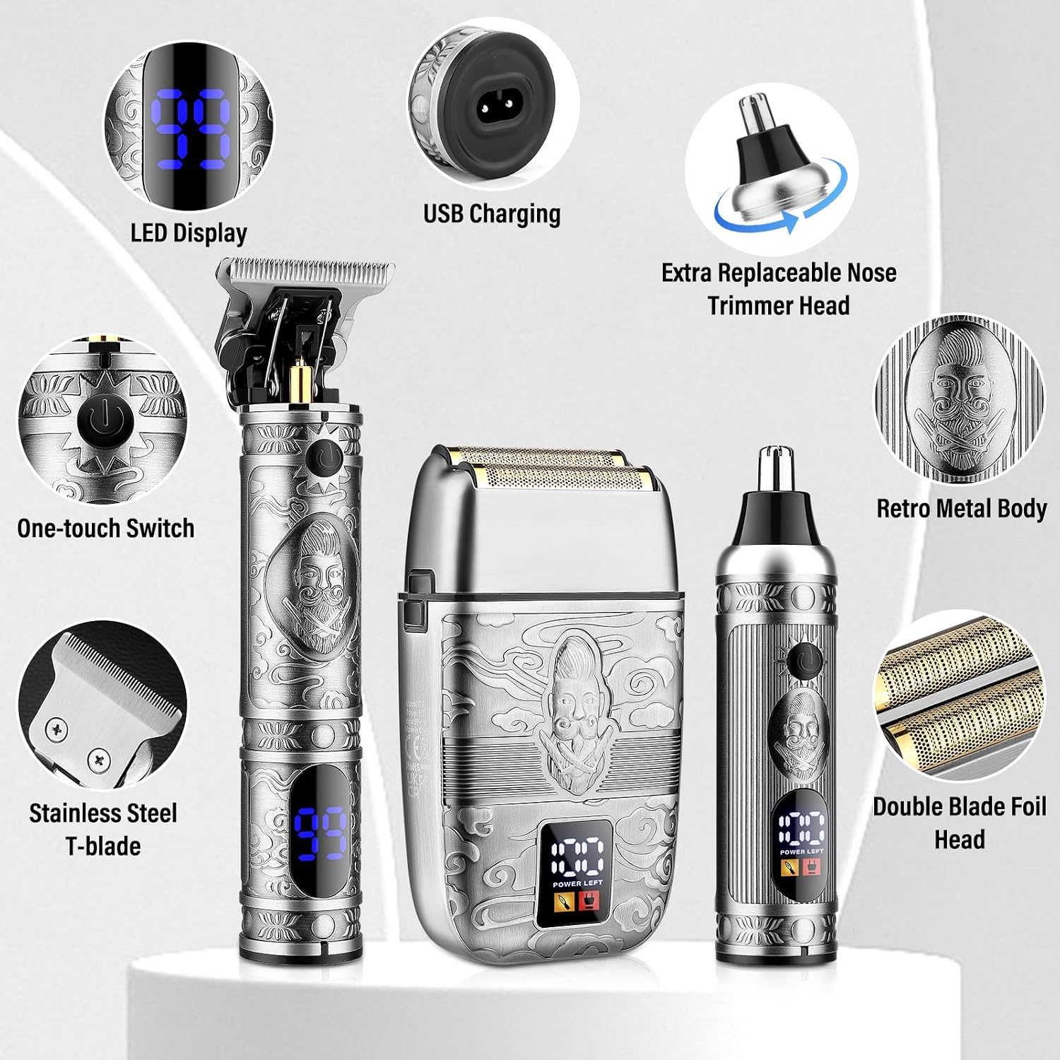 Professional Hair Trimmer Hair Clippers For Men, Nose Hair Trimmer Shaver Set,Cordless T-Blade Beard Trimmer Barber Clippers,Electric Razor Foil Shavers For Men Haircut Grooming Kit(Silver)