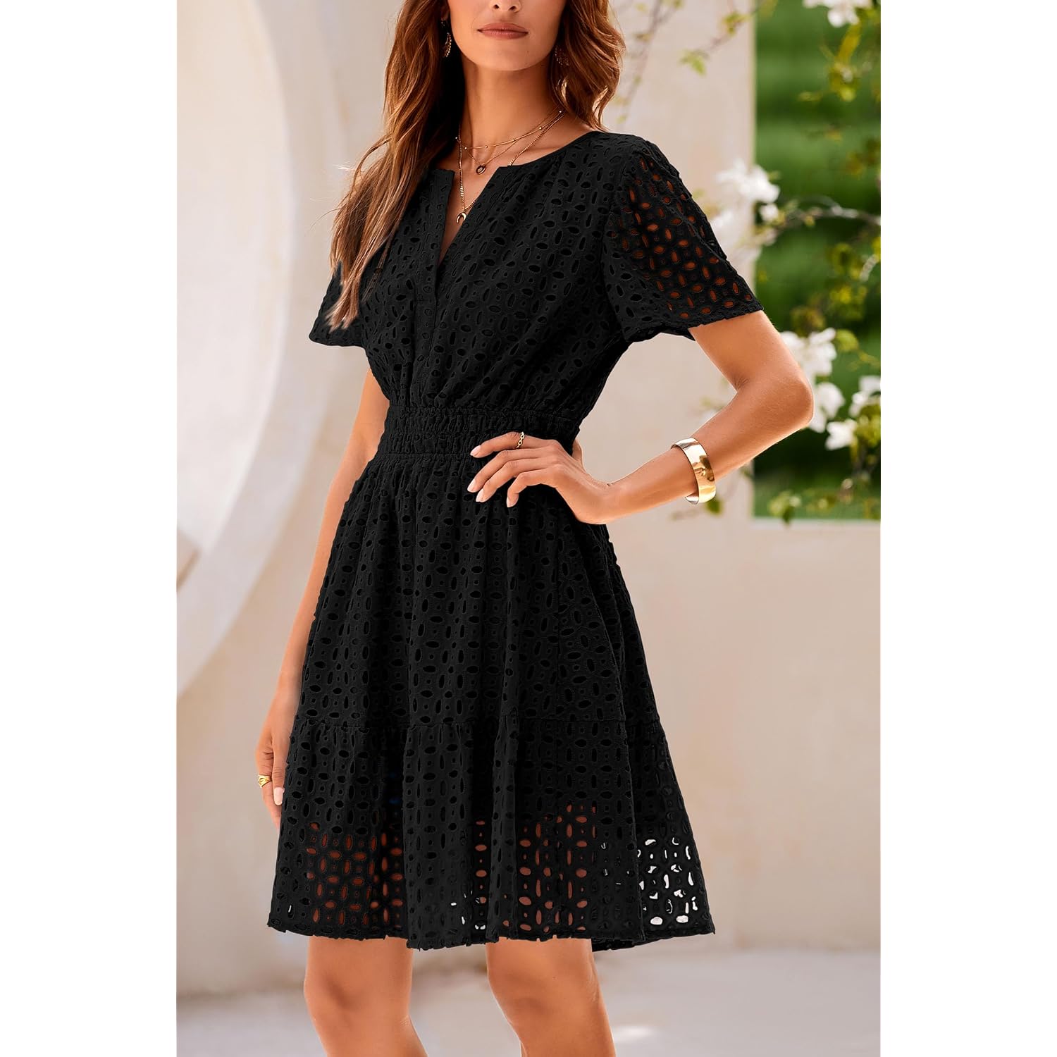 Prettygarden Womens 2026 Summer Short Dress V Neck Short Sleeve A Line Hollow Out Lace Cute Casual Beach Party Spring Dresses