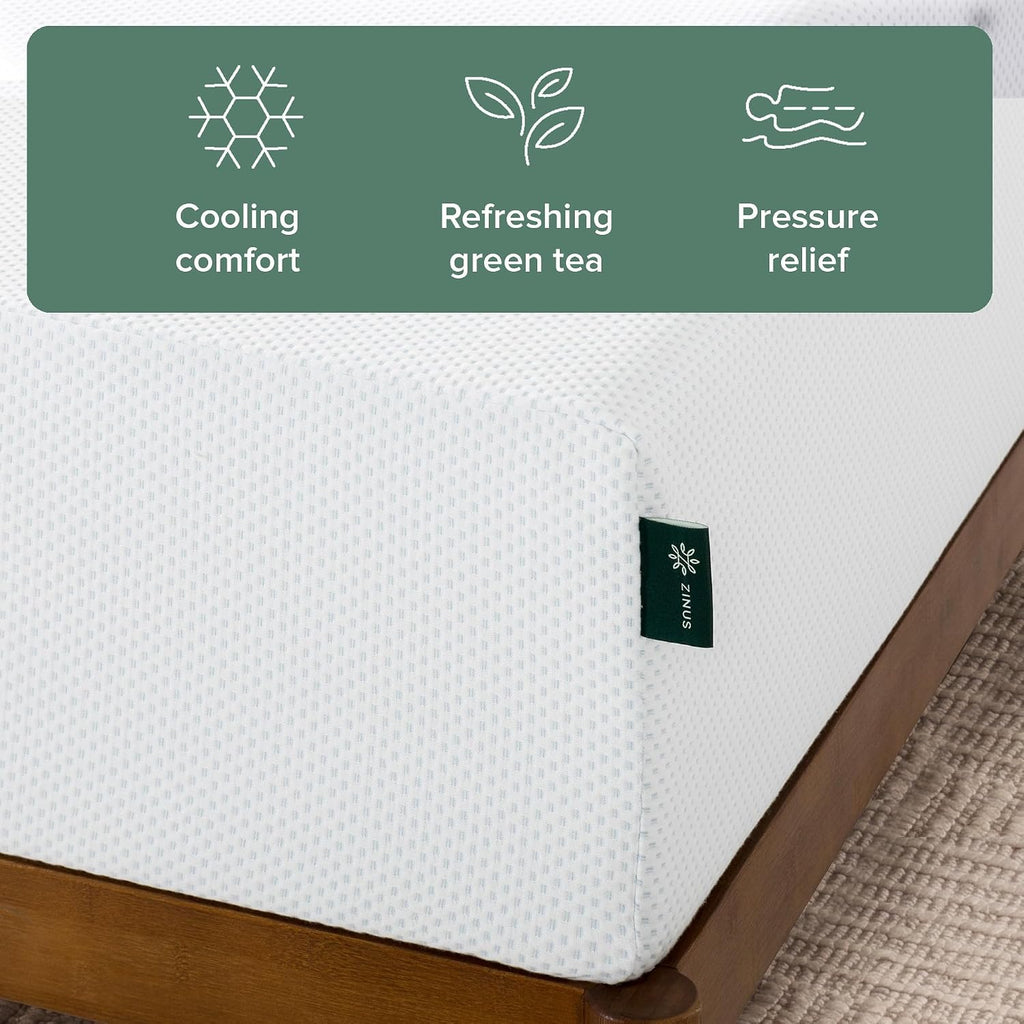 Zinus 10 Inch Green Tea Cooling Memory Foam Mattress [New Version], Queen, Fiberglass Free, Medium Firmness, Cooling Gel Foam, Certified Safe Foams & Fabric, Mattress In A Box