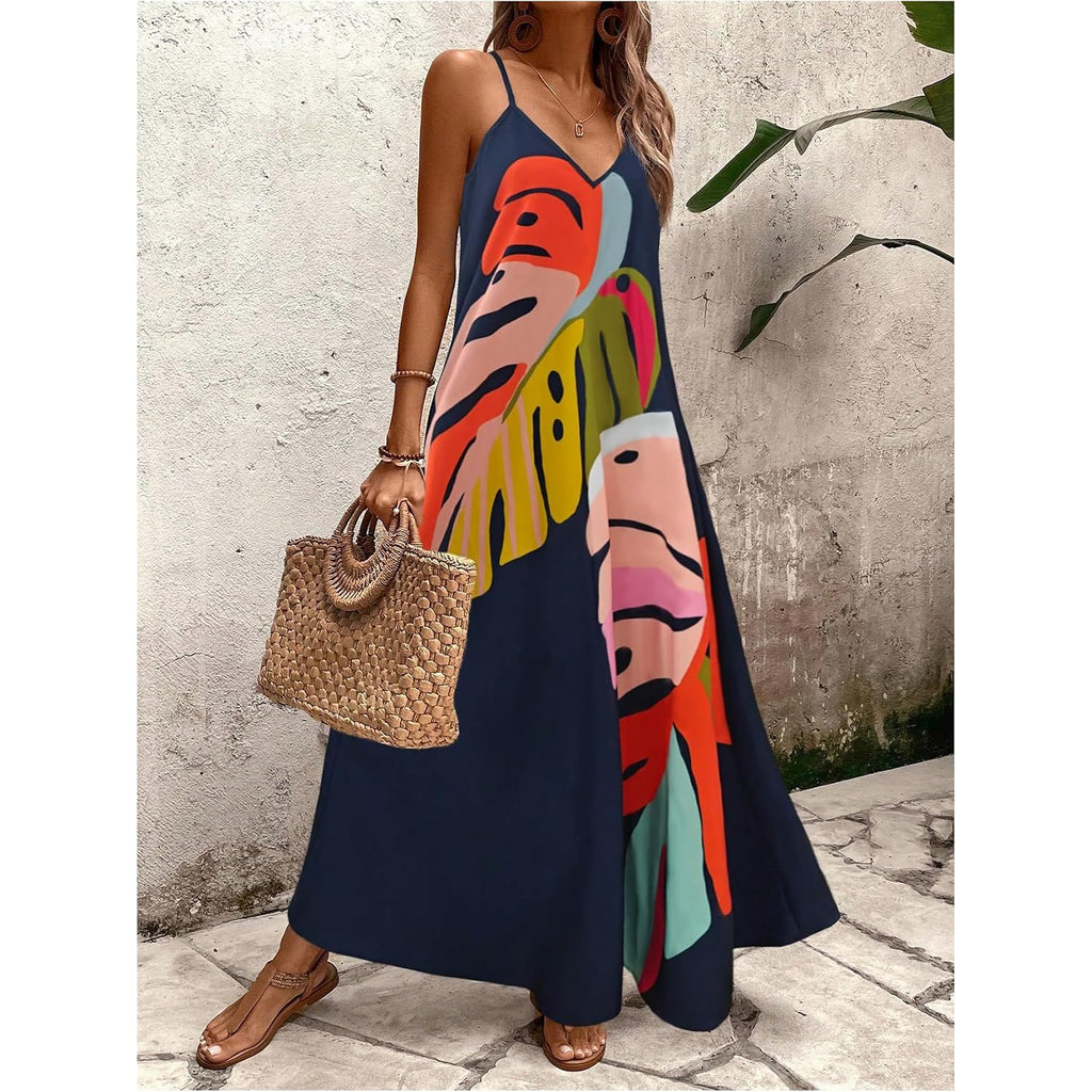 Gorglitter Women'S Sleeveless V Neck Oversized Maxi Long Dress Boho Bump Friendly Graphic Casual Beach Flowy Sun Dress