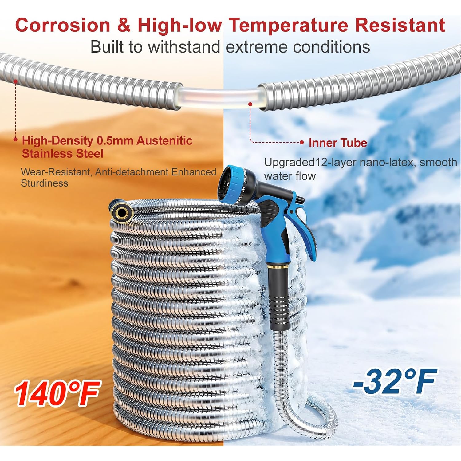 100Ft Metal Garden Hose - Heavy Duty 304 Stainless Steel Flexible Water Hose, No Kinks & Leak-Proof With Upgraded Handle, 10-Function Spray Nozzle & 4 Spare Gaskets For Yard, Rv, Pet Bath