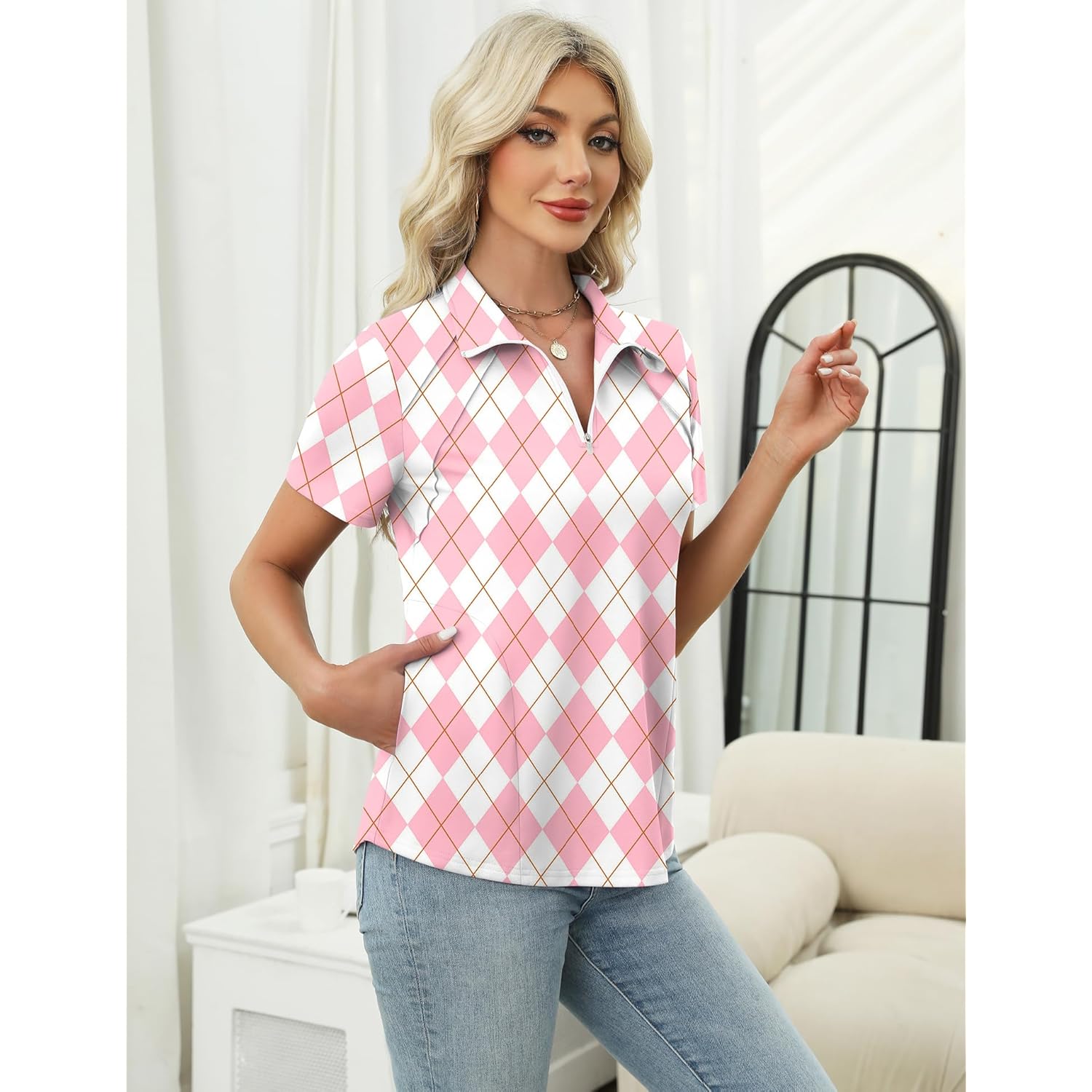 Womens Golf Polo Shirts Summer Short Sleeve 1/4 Zip Tops Moisture Wicking Casual Tennis Activewear with Pockets