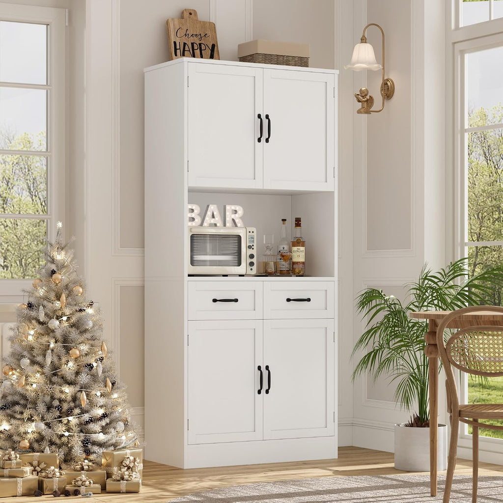 Hostack 71" Tall Kitchen Pantry Storage Cabinet, Wood Kitchen Hutch, White | Modern Pantry Cabinet With Microwave Stand, Hutch Cabinet With Countertop & Drawers, Storage Cabinet For Living Room