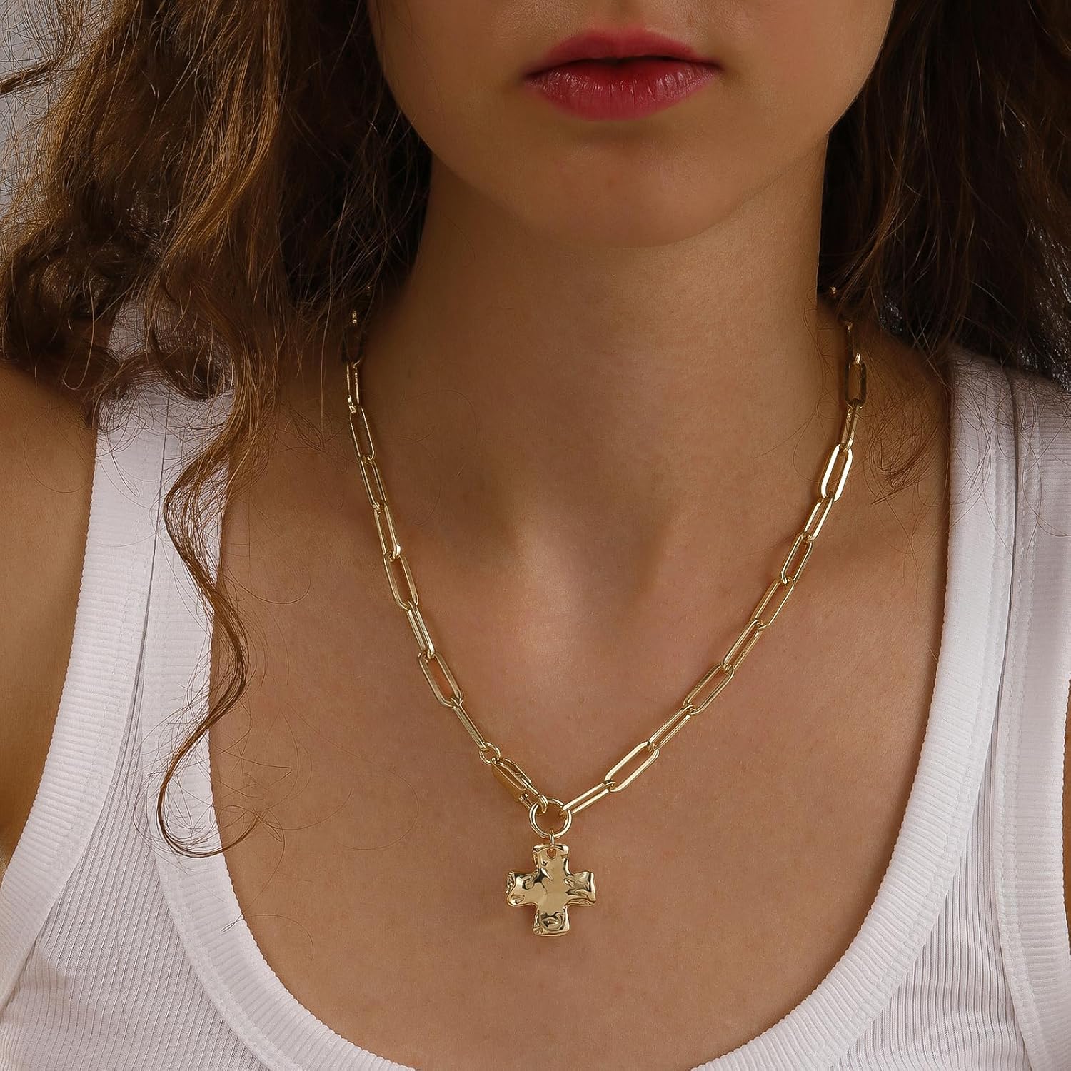Bheop Chunky Cross Necklace for Women Trendy 14K Gold Silver Layered Statement Cross Pendant Charm Necklace Waterproof Paperclip Herringbone Snake Choker Chain Christian Jewelry Set Gift Non Tarnish