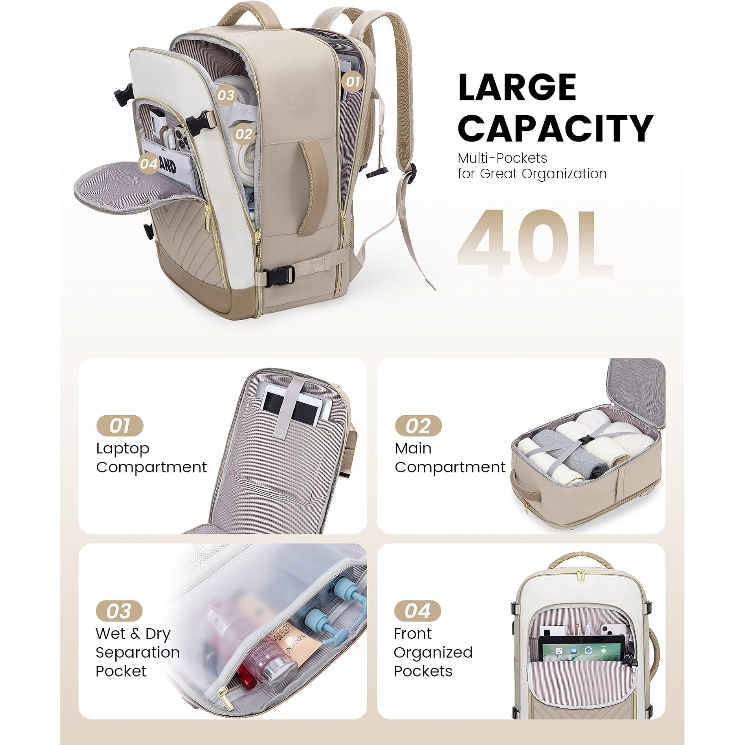 Lovevook Large Travel Backpack For Women, Tsa Carry On Backpack For Airplanes, 40L Personal Item Travel Bag For Women Fits 17" Laptop,Waterproof Carry On Bag Airplane Approved With 3 Packing Cubes