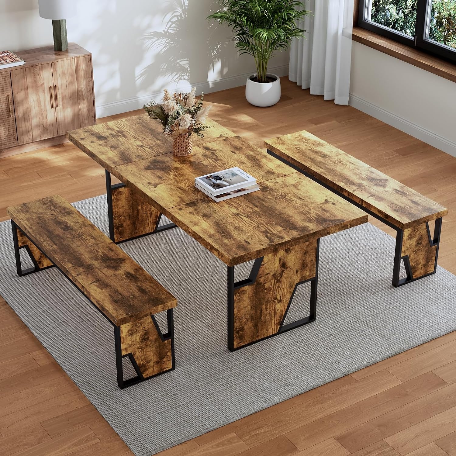 70.8" Wooden Dining Table With 2 Benches, Modern Kitchen Table And Chairs Set For 4-6 Person, Thickened Mdf Wooden Table With Dining Bench For Living Dining Room, Kitchen, Office
