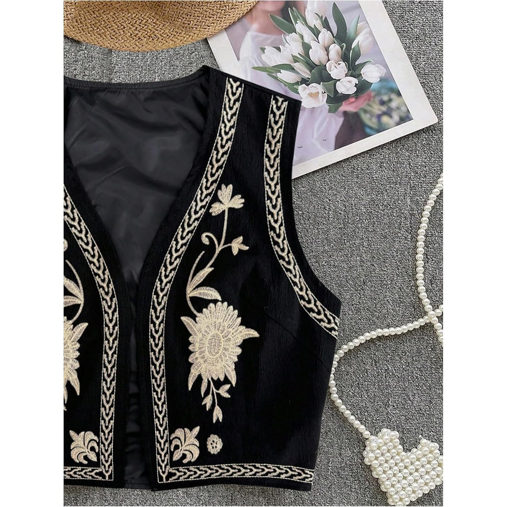 Verdusa Women'S Cowgirl Vest Western Outfit Linen Vest Embroidered Boho Tops