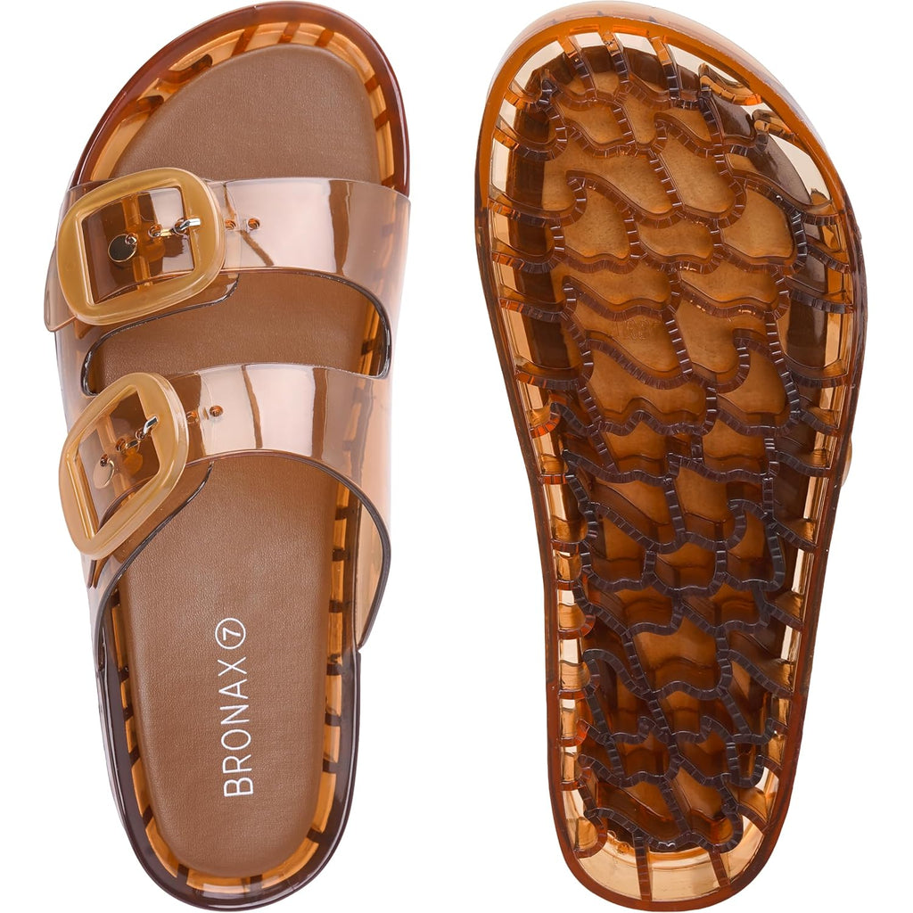 Bronax Jelly Sandals For Women, Clear Adjustable Double Buckle Casual Slip On Slides For Vacation Pool Outdoor