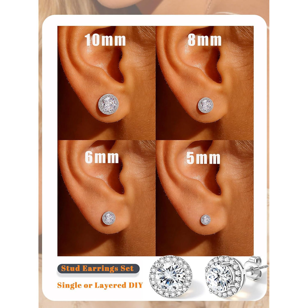 4 Pairs Silver Stud Earrings for Women, 18K Silver Plated Hypoallergenic Premium Cubic Zirconia Earrings, Halo Round Square Stud Earrings Set for Women Men