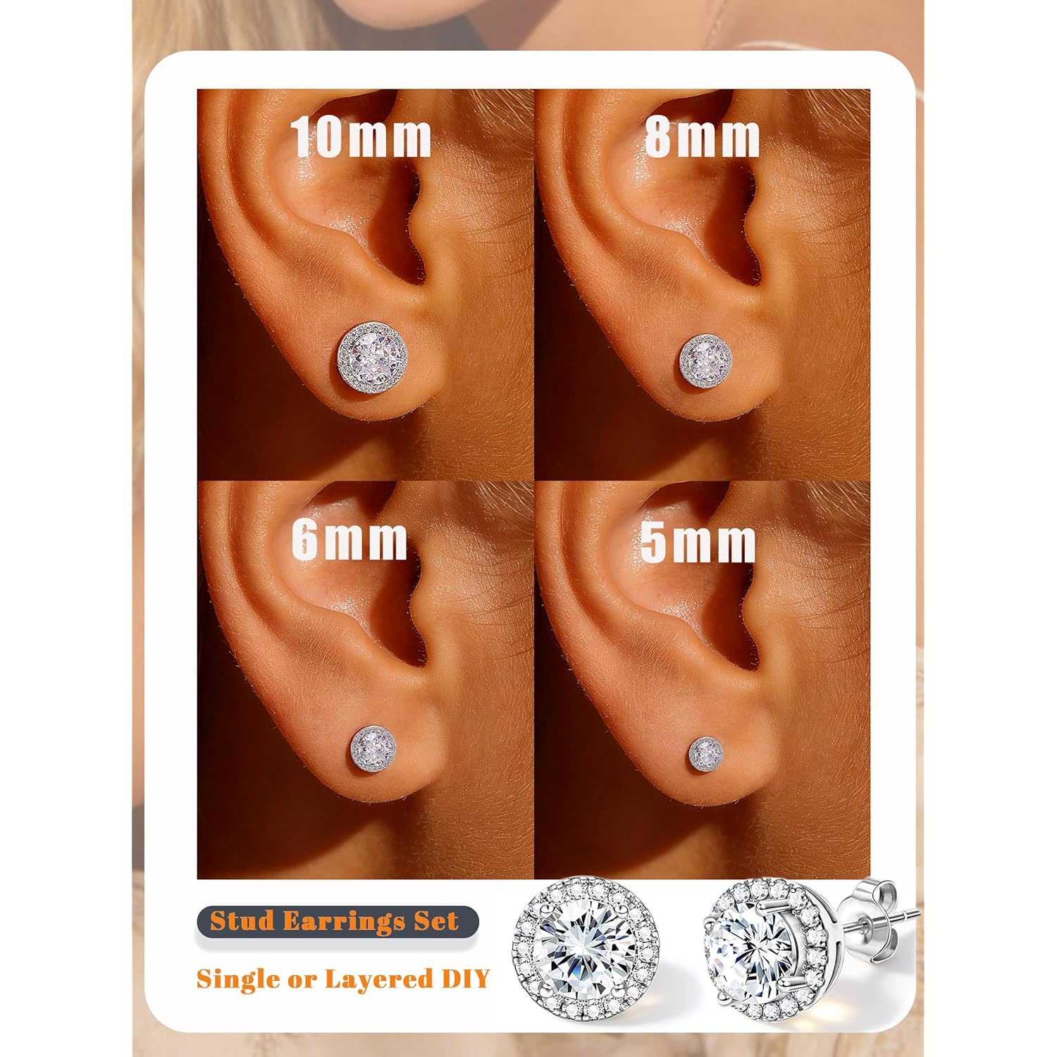 4 Pairs Silver Stud Earrings for Women, 18K Silver Plated Hypoallergenic Premium Cubic Zirconia Earrings, Halo Round Square Stud Earrings Set for Women Men