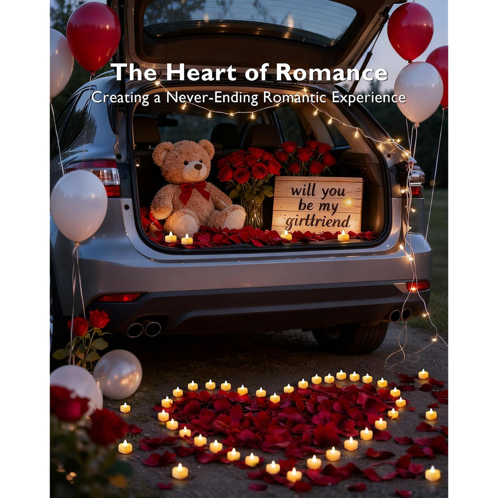 Amagic 1000 Pieces Artificial Rose Petals With 12 Heart Led Tea Lights Candles Kit, Rose Petals And Candles Set For Proposal, Anniversary, Valentine'S Day, Special Romantic Night, Wedding Table Decor