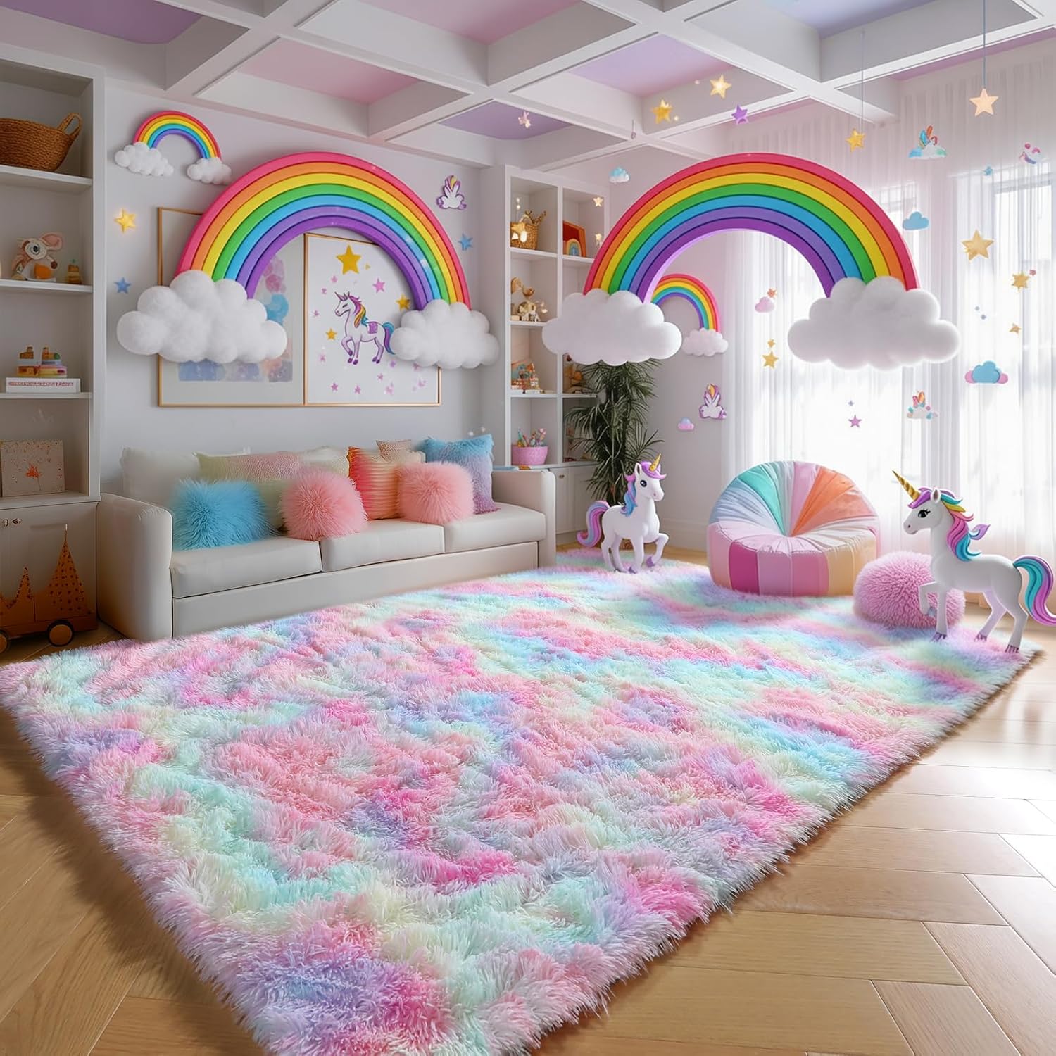 4X6 Rainbow Fluffy Soft Plush Area Rugs For Girls Bedroom, Shaggy Vibrant Rugs For Kids Playroom,Kawaii Princess Fuzzy Rugs For Nursery Baby Toddler,Cute Colorful Room Decor For Teenage