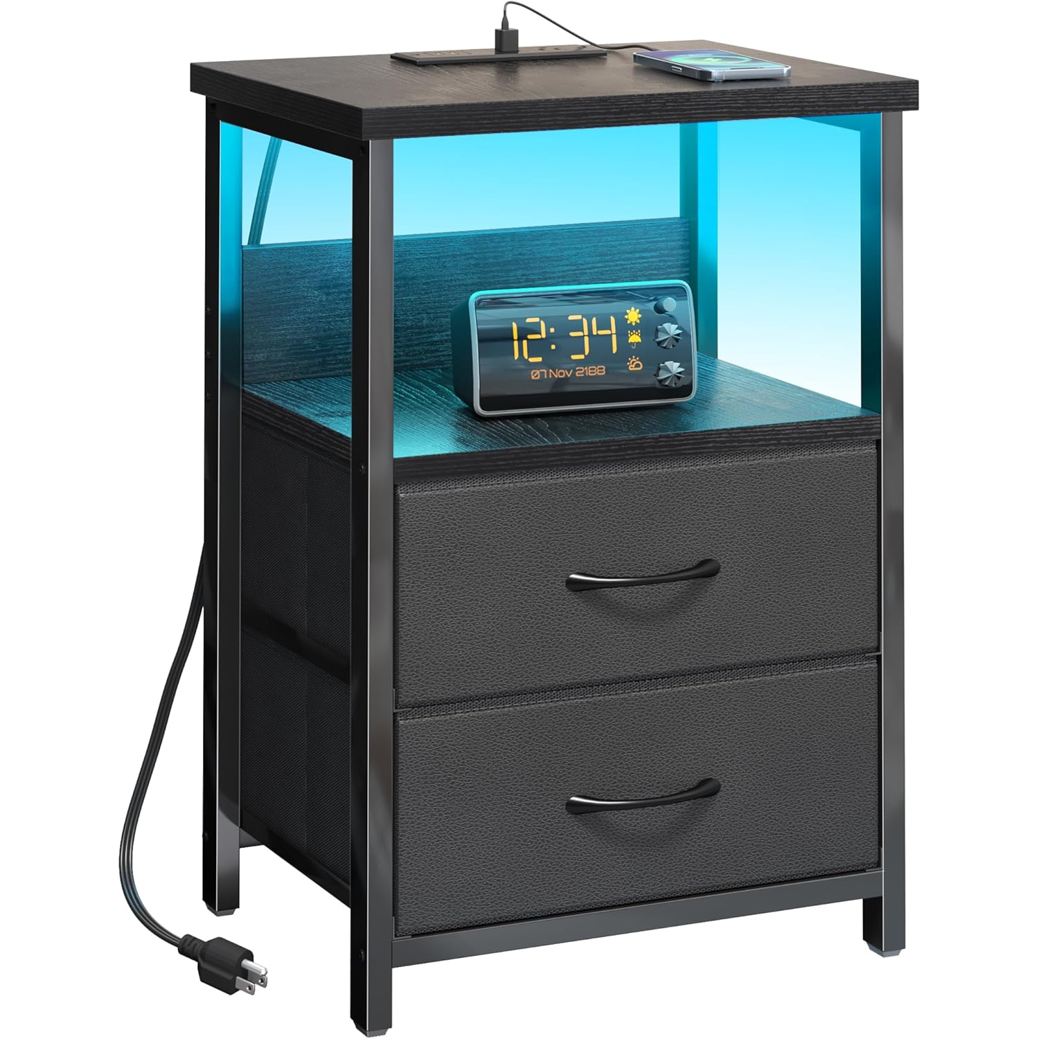 Fixwal Night Stand with Charging Station, LED Nightstand with U-S-B Ports and Outlets for Small Spaces, 2 Fabric Storage Drawers, Bedside Table End Tables Bedroom Decor, Modern Black