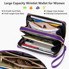 Espera Women Wallet RFID Blocking Large Capacity Card Holder Purse Double Zip Leather Designer Ladies Clutch with Wristlet