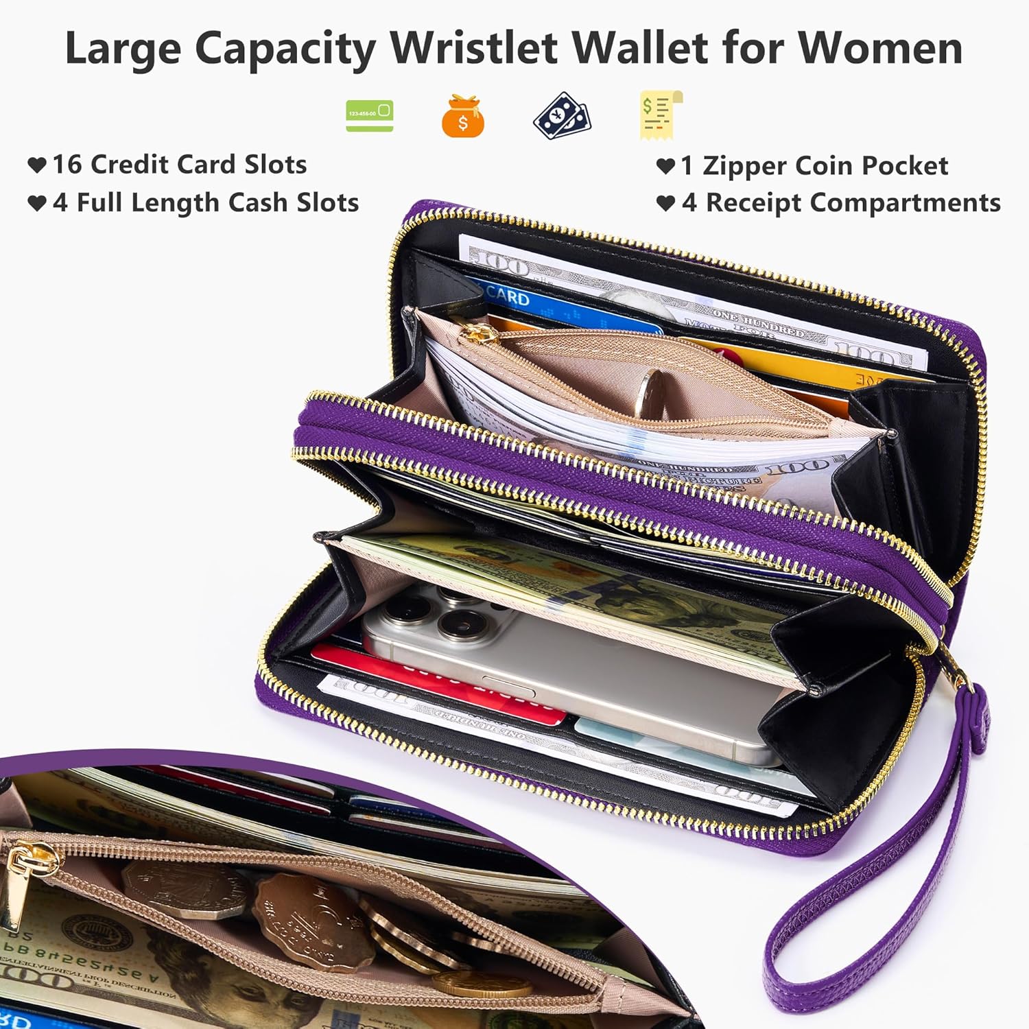 Espera Women Wallet RFID Blocking Large Capacity Card Holder Purse Double Zip Leather Designer Ladies Clutch with Wristlet