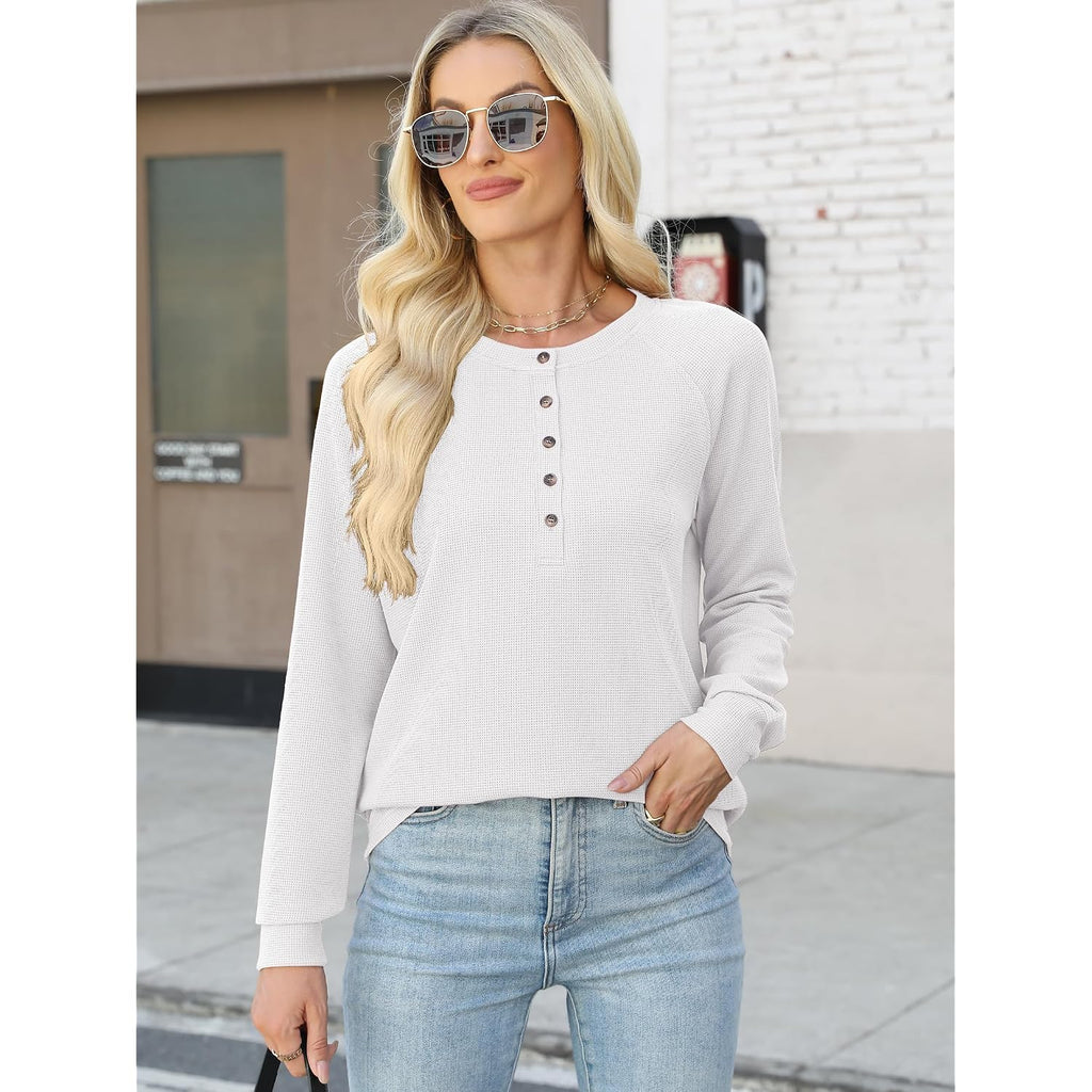 Anrabess Women'S Long Sleeve Waffle Knit Shirts Dressy Casual Loose Button Up V Neck Henley Tops 2026 Fall Basic Tee Blouse