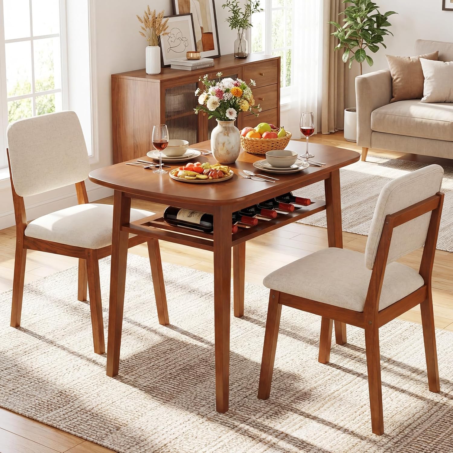 Giantex Dining Table Set For 2, Space Saving Kitchen Table And Chairs Set W/Rubber Wood Frame, Storage Rack, Padded Seats & Backrests, Dinette Set For Small Space, Apartment, Dining Room, Walnut