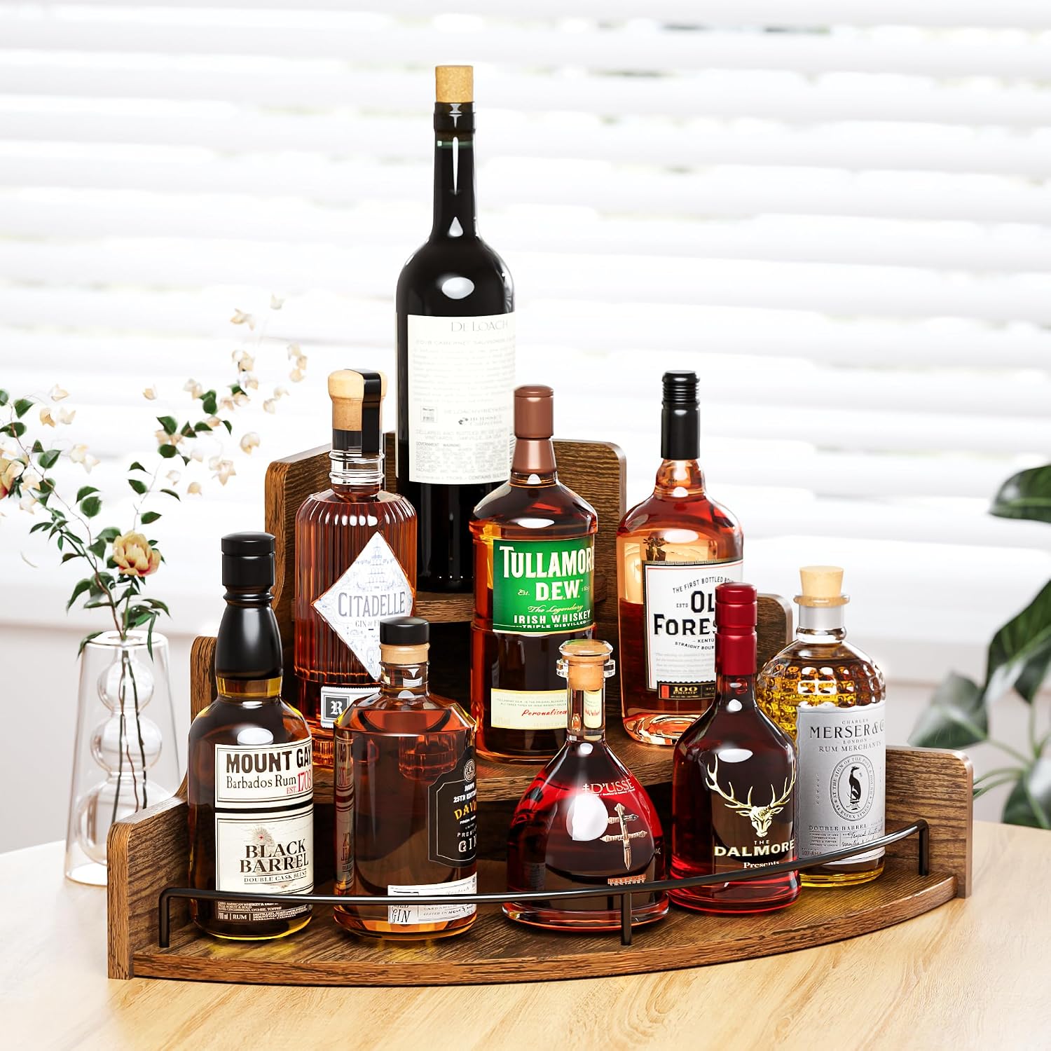 Klm Liquor Bottle Display Corner Shelf, Coffee Syrup Rack Organizer, 3 Step Countertop Liquor Wine Rack, Mini Bar, Liquor Cabinet, Home Retro Bar Shelf Stand For Liquor Whiskey. (Brown)