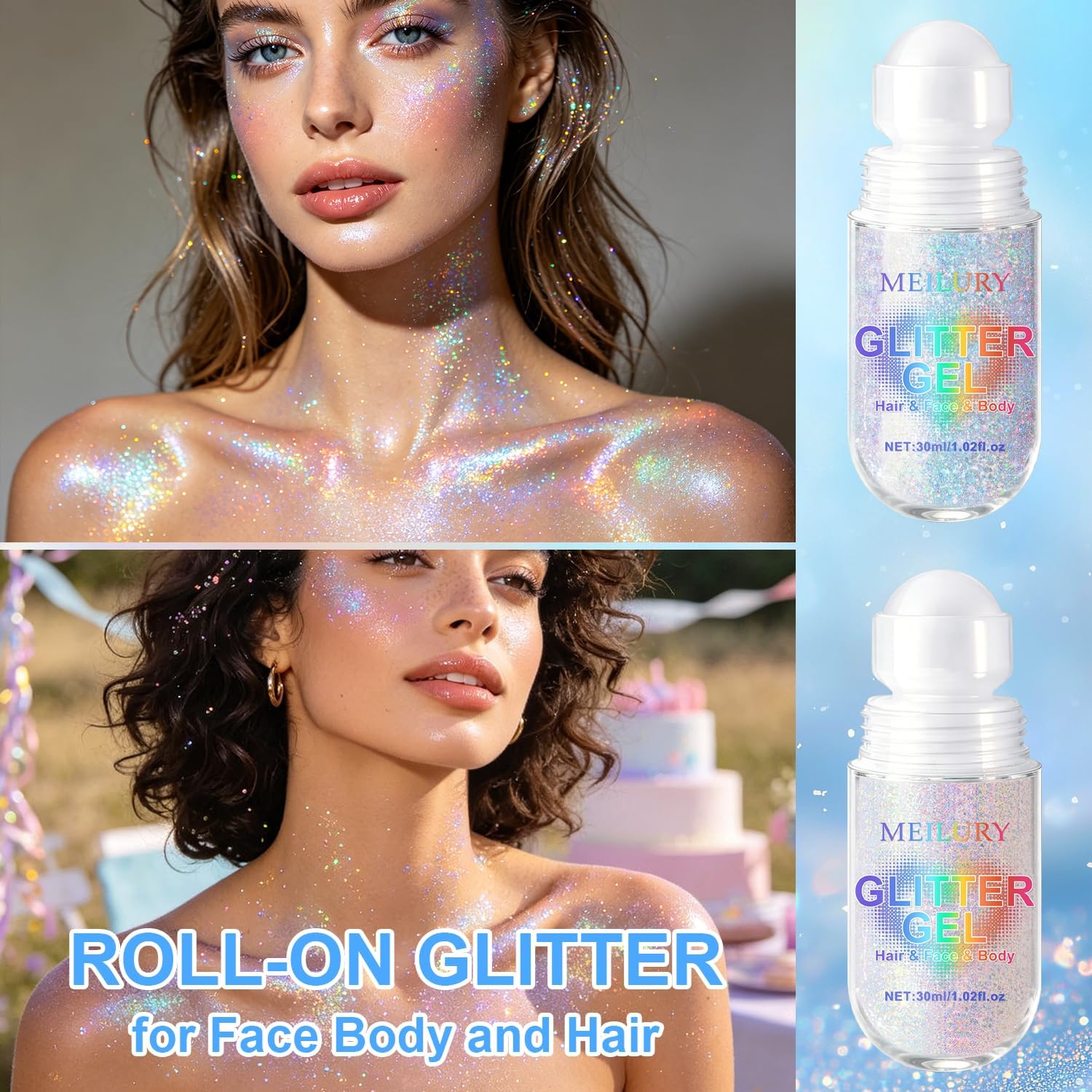 2 Colors Roll-On Body Glitter Gel For Face Body And Hair, Holographic Glitter Gel Under Light, Chameleon Color Rolling Sequins For Rave Accessories Christmas Halloween (Glint-Rainbow+Dazzle)
