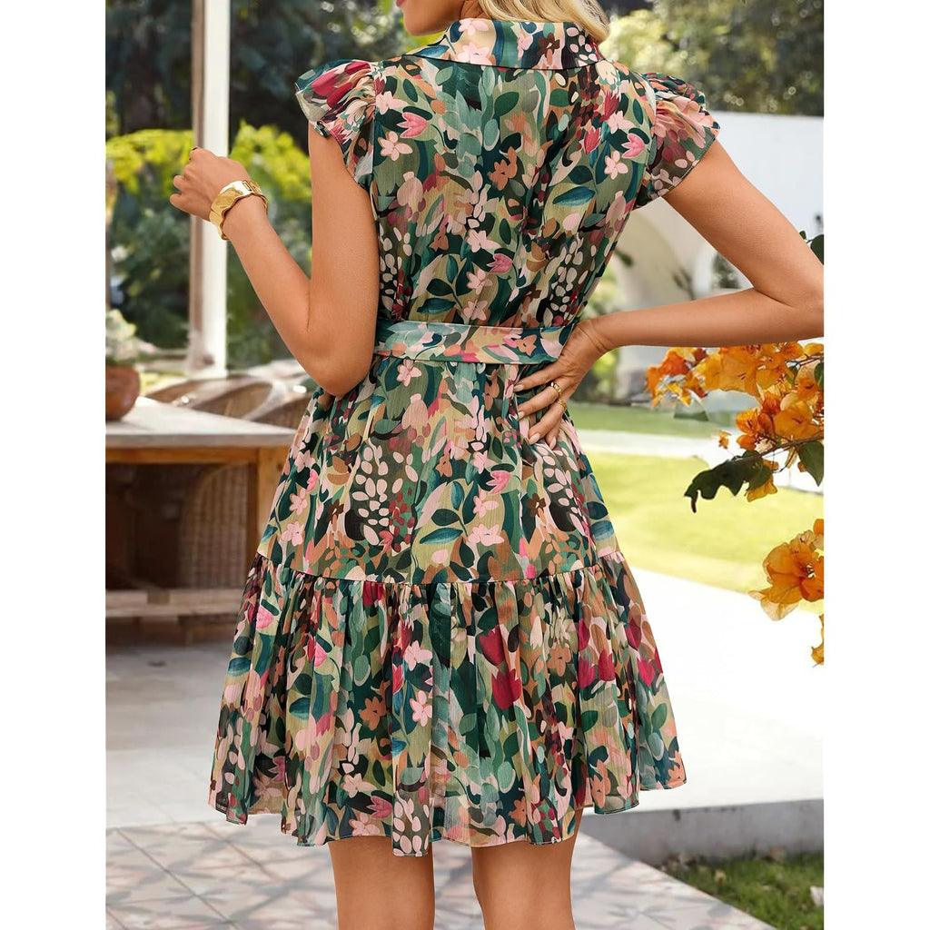 Zesica Womens Summer Boho Floral Mini Dress 2026 Flutter Short Sleeve Button Chiffon A Line Beach Vacation Party Dresses