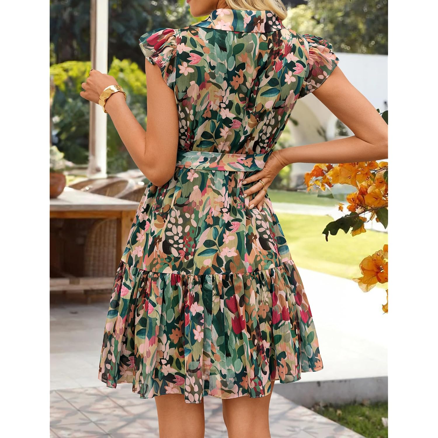 Zesica Womens Summer Boho Floral Mini Dress 2026 Flutter Short Sleeve Button Chiffon A Line Beach Vacation Party Dresses