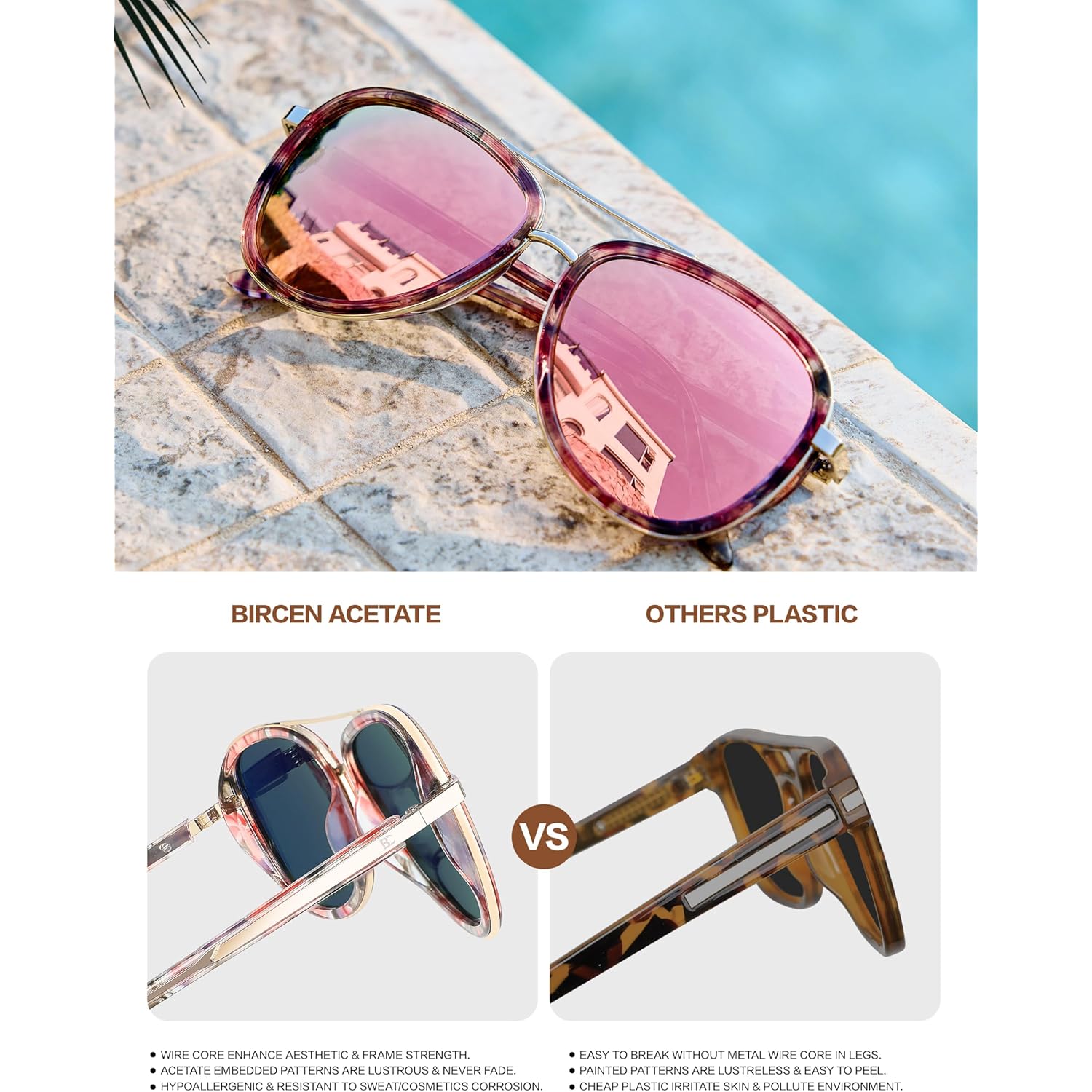 BIRCEN Polarized Sunglasses for Women UV - Protection Womens Retro Mirrored Shades with Acetate Frame BC2001