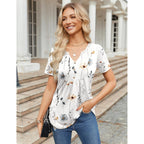 Womens Short Sleeve Tops Summer Henley V-Neck Tshirts Casual Pleated Blouse Dressy Loose Floral Basic Tee