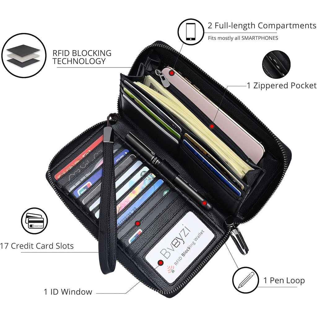 Bveyzi Women RFID Blocking Wallet Leather Zip Around Phone Clutch Large Capacity Ladies Travel Purse Wristlet | RFID Blocking, Zip Around, Large Capacity