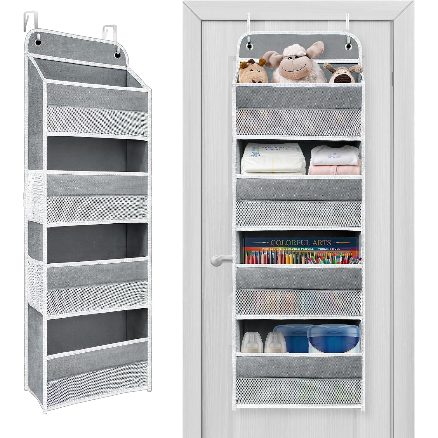 Over The Door Organizer With Lifetimewarranty, 4 Shelves & 4 Side Pockets, Large Storage Rack Holds 44Lb, Heavy-Duty Reinforced Mesh Shelf For Bathroom, Closet, Toy Organization, Shoes, Towels, Grey