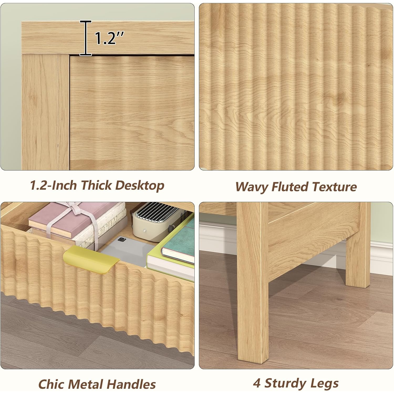 Fluted Computer Desk With 2 Drawers, 39 Inch Small Computer Desk With Storage, Compact Writing Study Desk For Small Spaces