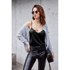 Women's Satin Camisole Lace Silk Satin Pajama Tank Tops V Neck Soft Spaghetti Strap Loose Sleepwear