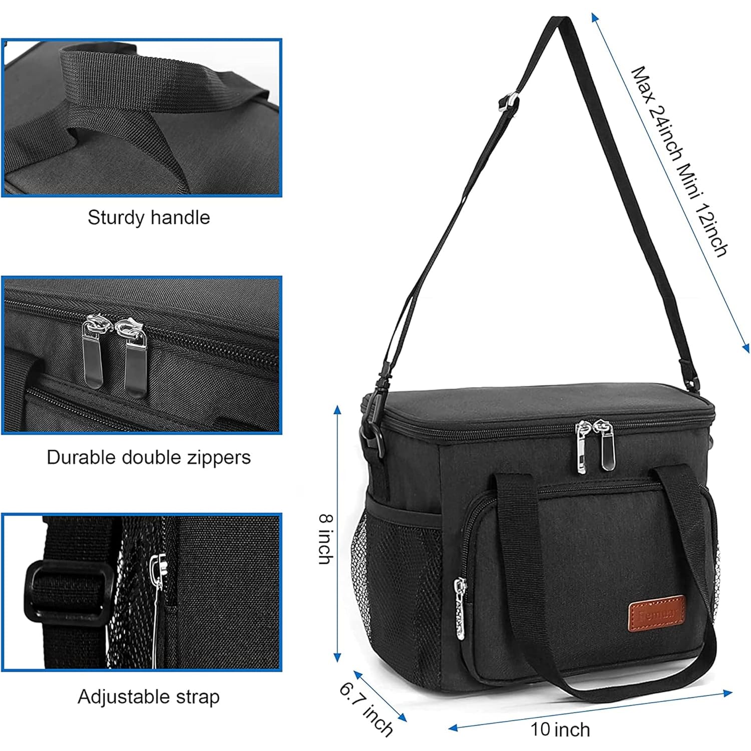 Femuar Reusable Lunch Box for Men/Women - Insulated Lunch Bag Leakproof Lunchbox for Work Office Picnic Beach - Freezable Lunch Cooler Bag with Adjustable Shoulder Strap - Black