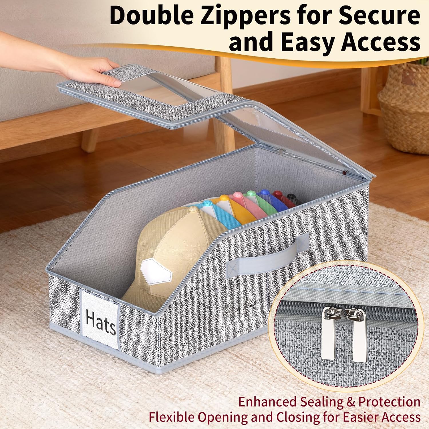3 Pack Stackable Hat Organizer For Baseball Caps, Hat Storage With Clear Window Lid, Holds Up To 45 Ball Cap Storage Organizer, Foldable Hat Box Holder With Cardboard, For Closet Bedroom Shelf(Grey)