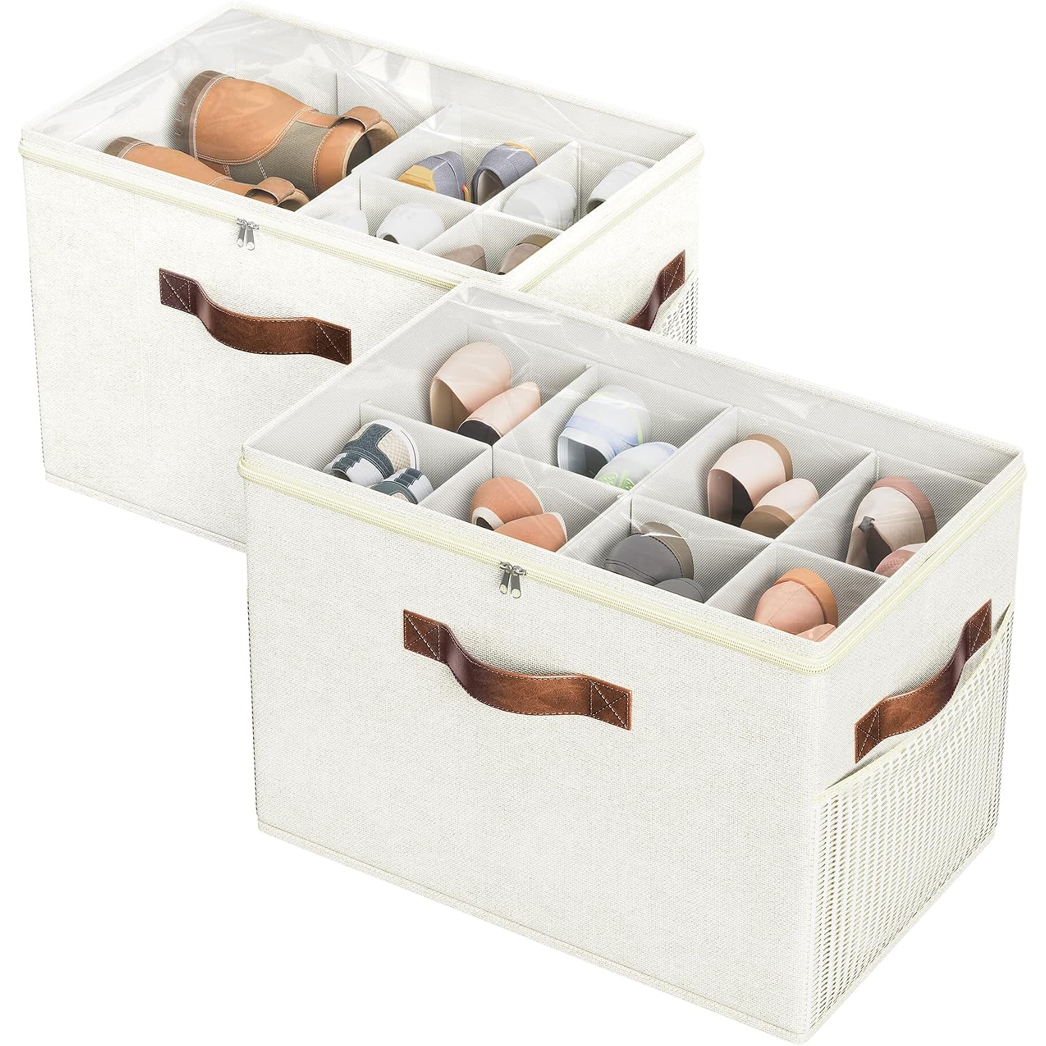 2 Pack Shoe Organizer For Closet, Foldable Shoe Storage With Adjustable | Farbic Shoe Storage Organizer Box Bin With Clear Cover, Fits Up To 16 Pairs, Shoe Storage Box For Closet, Entryway, Beige