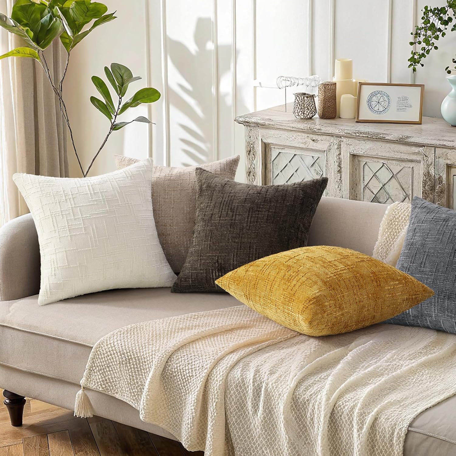 Decoruhome Fall Cream White Chenille Throw Pillow Covers 18X18 Set Of 2 Textured Soft Cozy Slubby Couch Pillow Covers Modern Farmhouse Boho Decorative Pillow Cases For Bed Sofa Living Room