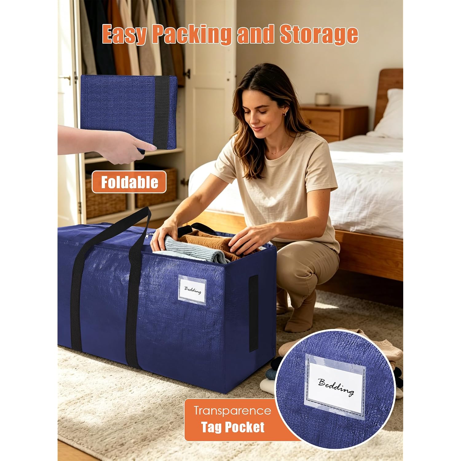 Sweet Dolphin 8 Pack 200Lb Heavy-Duty Moving Bags With Wrap-Around Handles, Extra Large Storage Totes For Space Saving, Clothes Storage Bags, College Dorm Essentials, Blue, 24 Gal