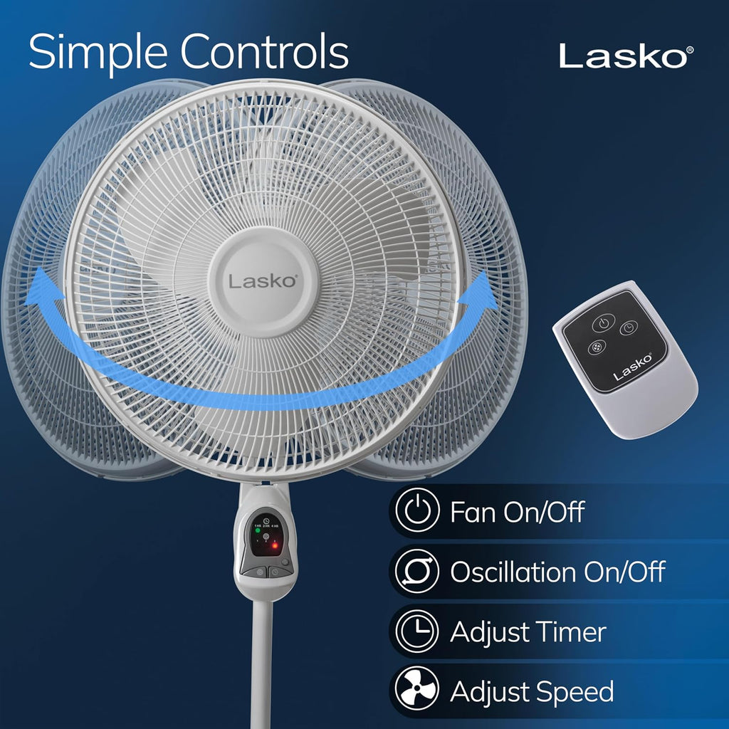 Lasko Oscillating Adjustable Pedestal Stand Fan With Timer And Remote For Indoor, Bedroom, Living Room, Home Office & College Dorm Use, 16 Inch, White, 1646