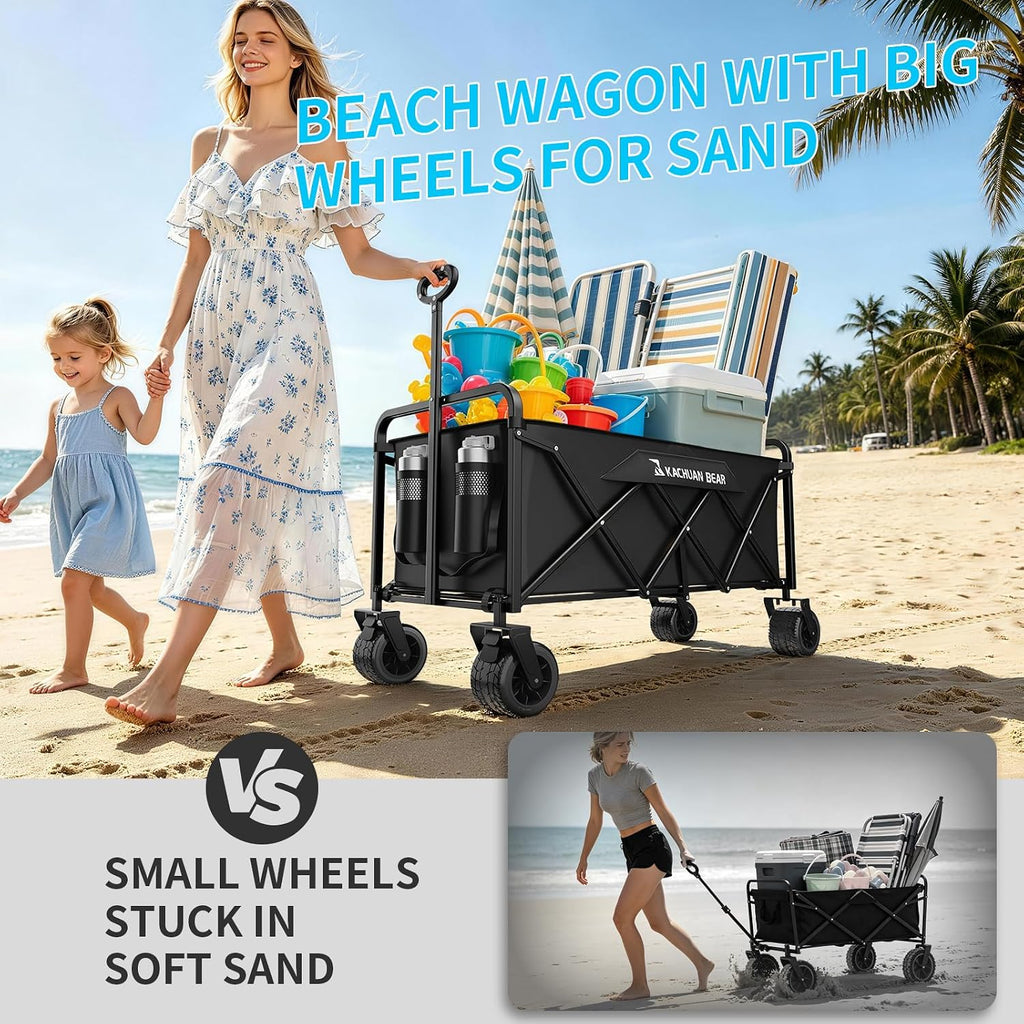 300L Large Collapsible Wagons Carts With Big All-Terrain Beach Wheels, Foldable Shopping Wagon Cart, Heavy Duty 480Lbs Load, Folding Utility Cart For Groceries Garden Sport (Black)
