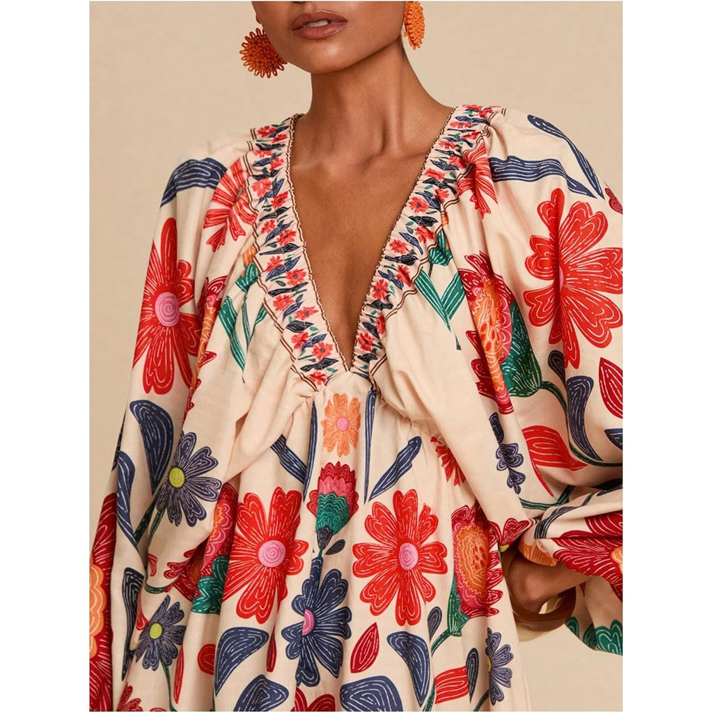 Roseseek Women'S Boho Floral V Neck Mini Dresses Bishop Sleeve Tie Open Back Tropical Dress