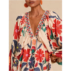 Roseseek Women'S Boho Floral V Neck Mini Dresses Bishop Sleeve Tie Open Back Tropical Dress