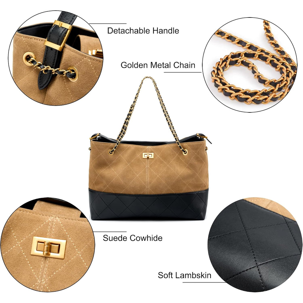 Soft Genuine Leather Lambskin Suede Quilted Bag,Carryall Top Handle Gold Chain Shoulder Shopping Bag