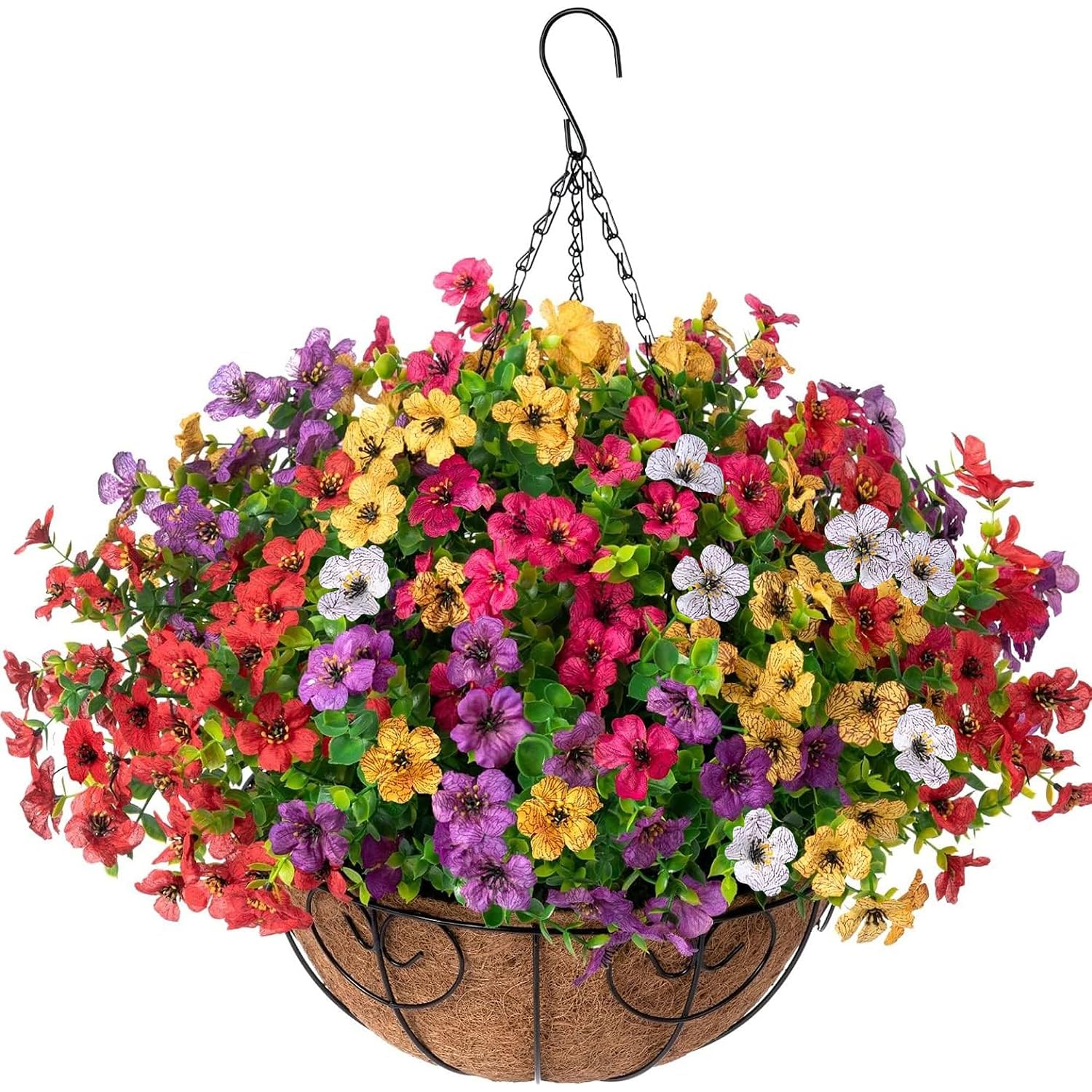 Artificial Faux Hanging Plants Flowers Basket For Summer Outdoor Outside Decoration, Fake Silk Uv Sun Resistant Look Real Colorful Daisy Eucalyptus For Porch Home Patio Balcony Yard